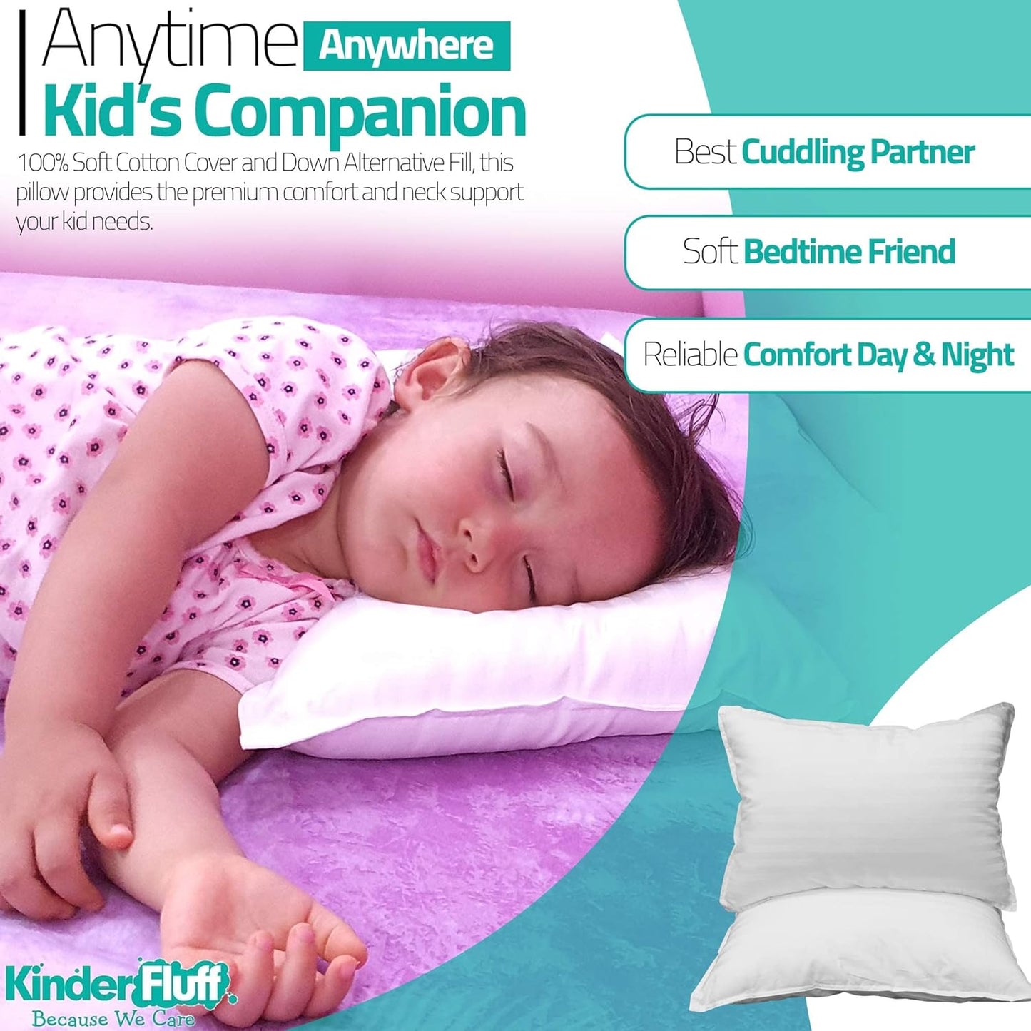 kinder Fluff Toddler Pillows (2pk) - The only Pillow for Kids 300T Cotton Shell & Down Alternative Fill - Machine Washable, Ideal Cushion for Kids Above 2 Years (13x18in - White)