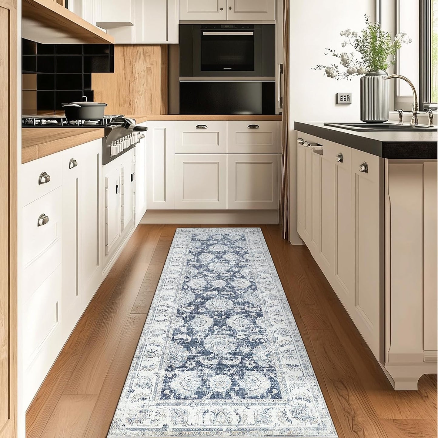 jinchan Long Hallway Runner Rug 2x12 Machine Washable Runner Rug Dark Blue Vintage Floral Design Non-Slip Ultra-Thin for Kitchen Laundry Room Bedroom Farmhouse (2‘x12',Dark Blue)