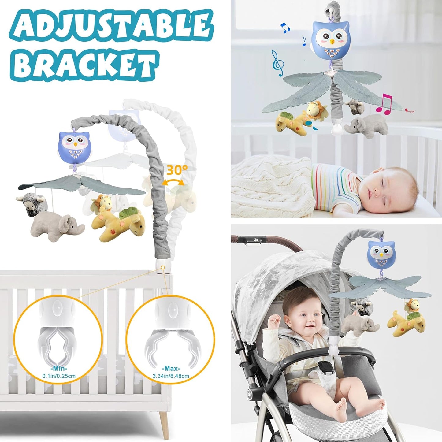 Baby Crib Mobile with Music and Lights for Boys Musical Mobile Animals for Crib Bassinet Girls Toys Hanging Portable Safari Nursery Decor Blue