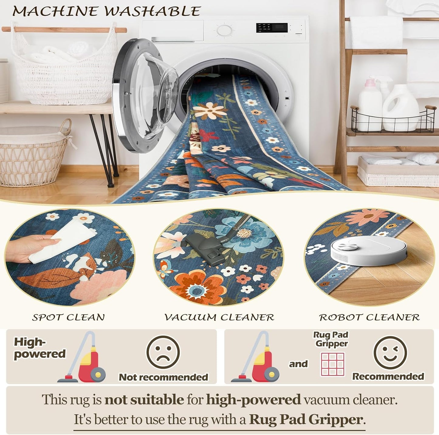 Floral 2x10 Area Rug Machine Washable Soft Print Boho Carpet Non Slip Doormat Low Pile Flower Area Rugs for Living Room Bedroom Nursery Kitchen Dining Room Indoor-Blue/Grey