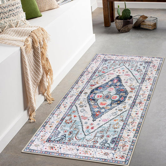 Lahome Boho Round Rug - 7Ft Washable Area Rug, Non-Slip Small Bathroom Rug, Lightweight Bedroom Throw, Oriental Distressed Print Carpet for Entryway, Sofa, Nursery, Kids Room