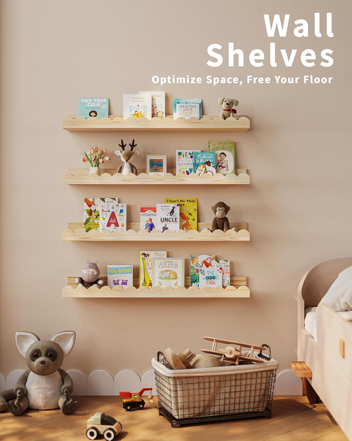 Nursery Book Shelves, 4-Pack Wood Floating Shelves for Wall Kids, Scalloped Shelves, Wall Book Shelves for Bedroom Kids, Toddler Room, Baby Room, Nursery Decor (Wood, 23 Inches)