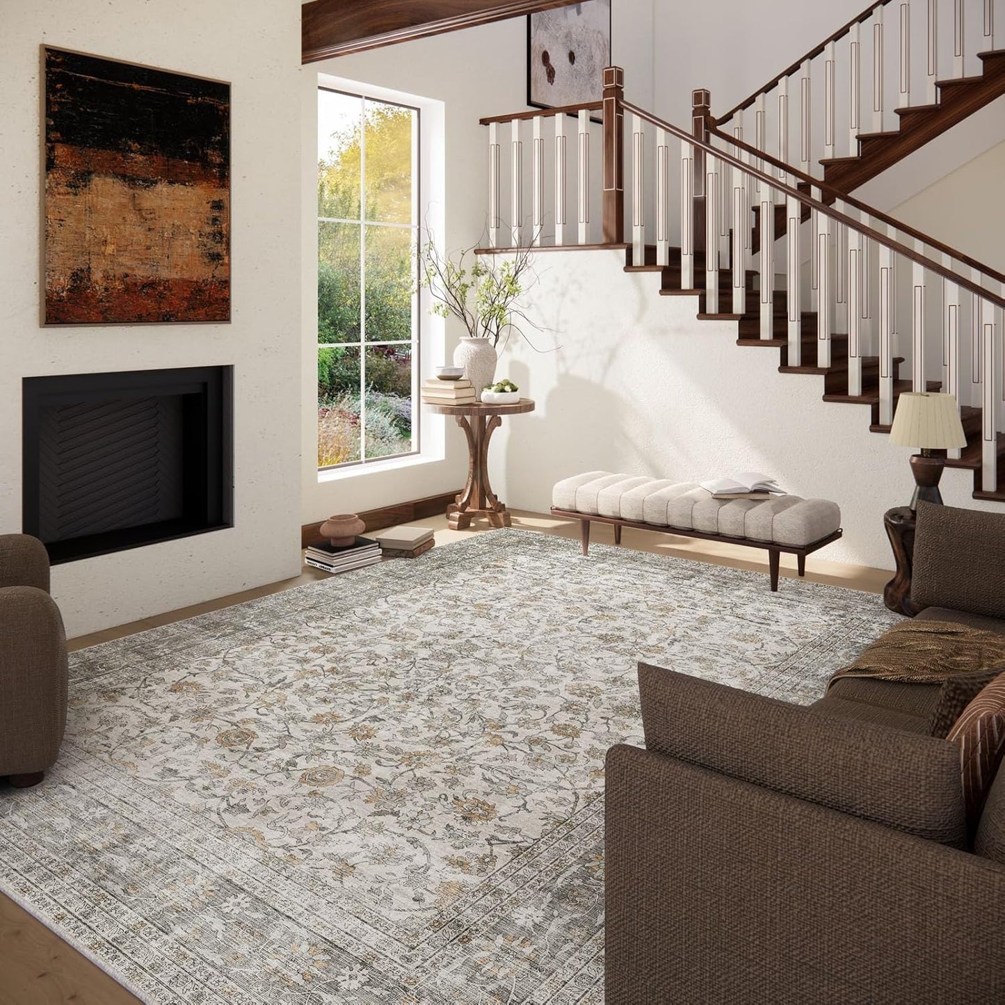 Machine Washable Rugs for Living Room: 6x9 Area Rugs for Bedroom Vintage Stain Resistant Non Slip Low Pile Soft Boho Carpet for Kitchen Dining Room Farmhouse Kids Room Nursery