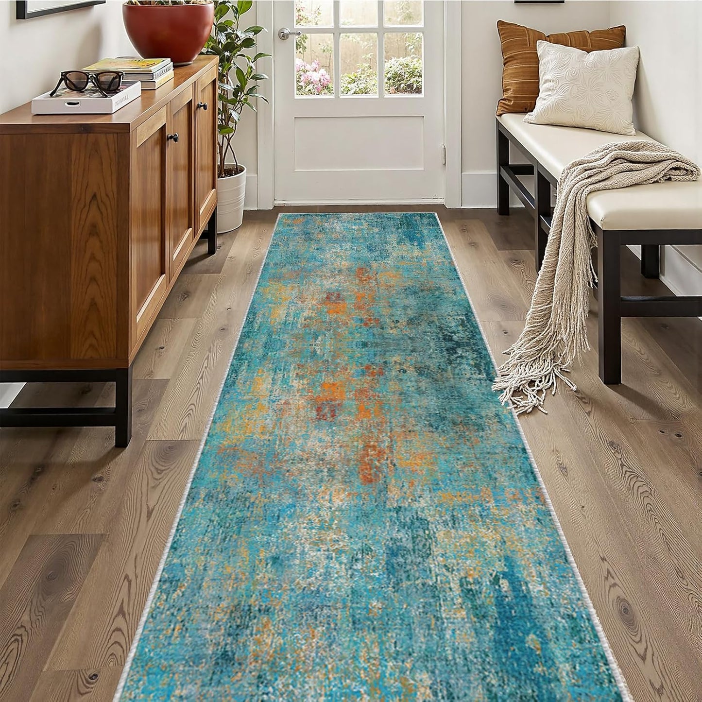 Washable Area Rugs 2'x10' Non-Slip Modern Abstract Soft for Living Room Entryway Bedroom Nursery, Print Pattern, Teal Blue Green Orange Rust Red Colorful