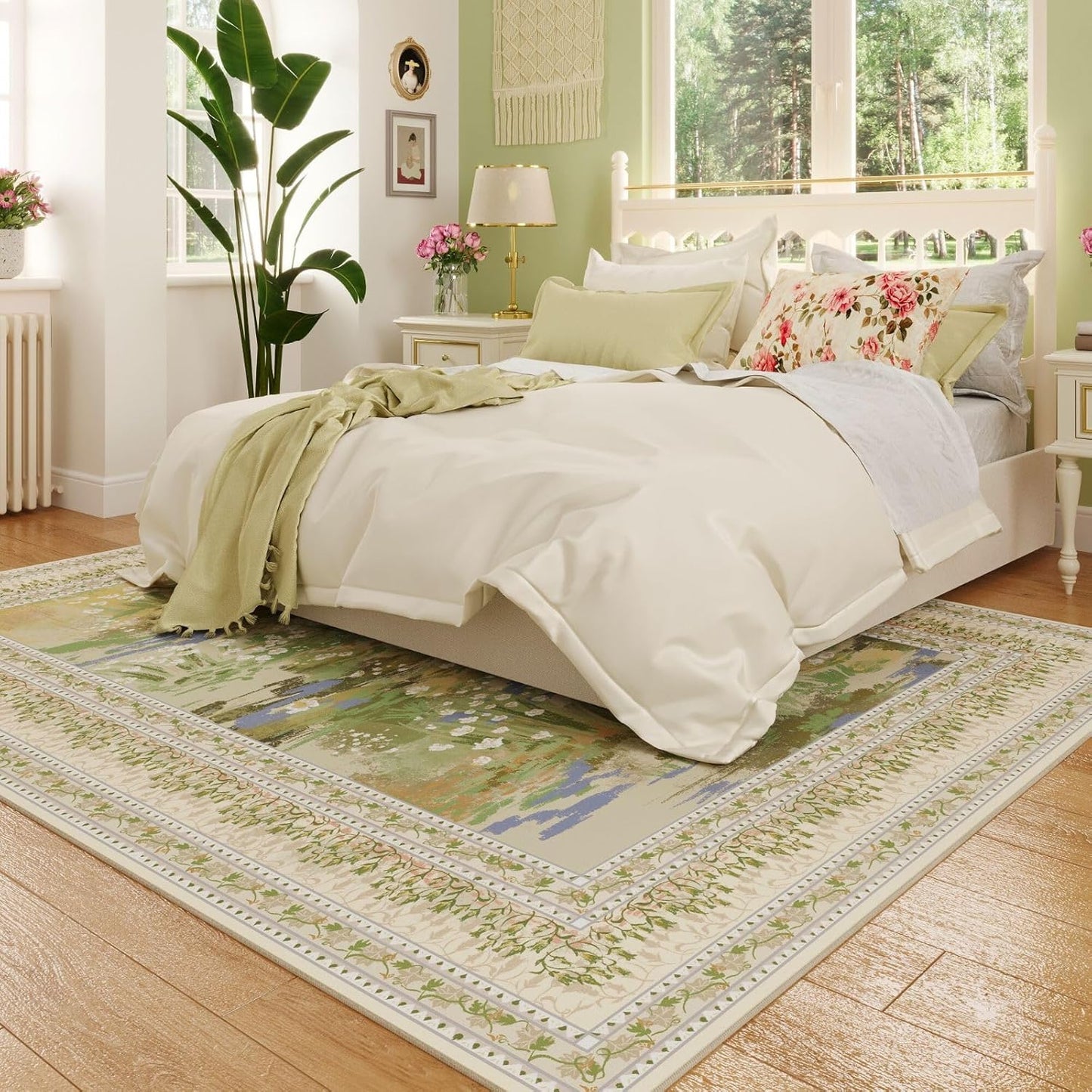 5x7 Area Rugs Impressionist-Style Vintage Washable Area Rug Non Slip Low Pile Large Rugs for Living Room Bedroom Farmhouse Dining Room Kids Playroom, Beige