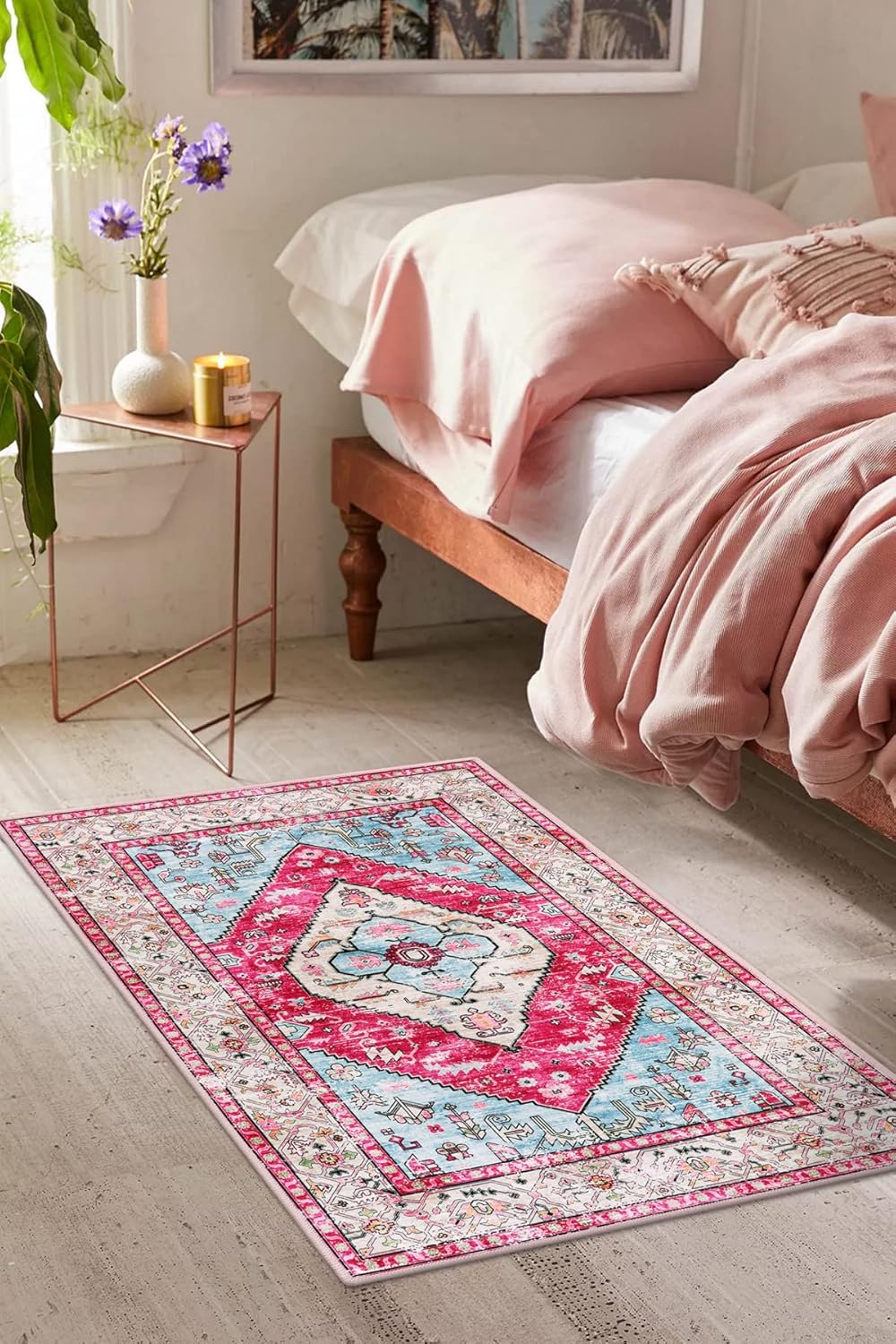 Lahome Boho Round Rug - 5Ft Washable Area Rug, Non-Slip Small Bathroom Rug, Lightweight Bedroom Throw, Oriental Distressed Print Carpet for Entryway, Sofa, Nursery, Kids Room