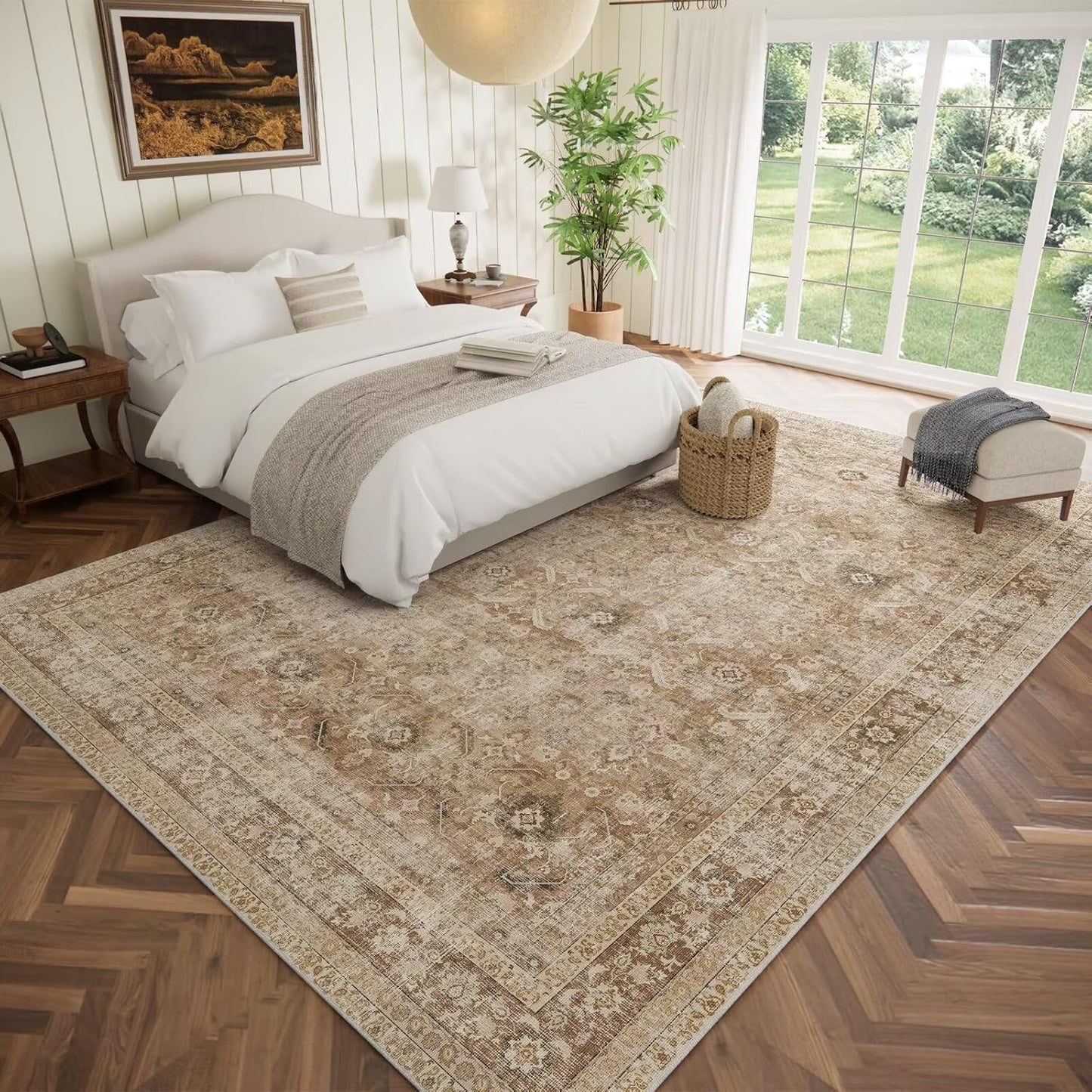 Washable 9x12 Area Rugs for Living Room, Boho Non-Slip Silicone Backing Rugs for Bedroom Dining Room Nursery Office, 0.3" Neutral Oriental Throw Carpet with 0.16" Cushioning Pad, Brown/Multi