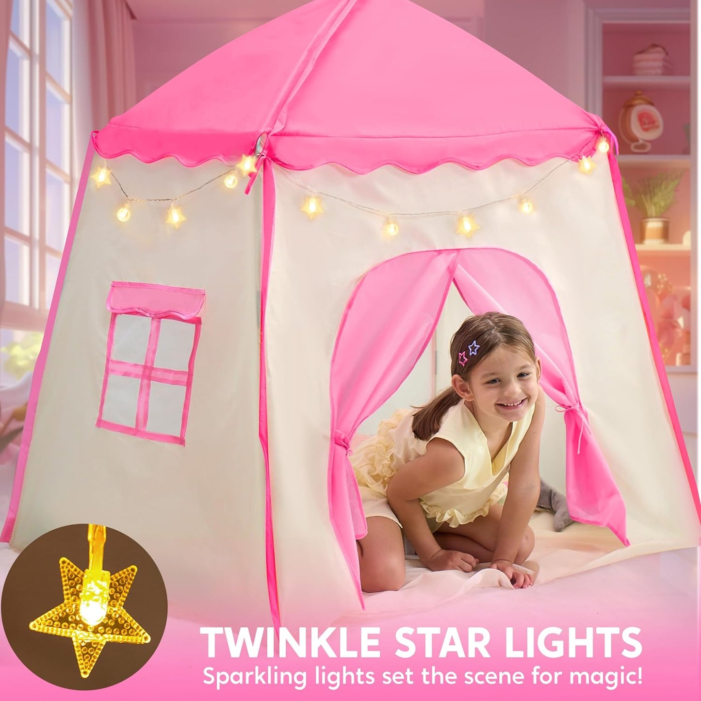 JOYIN Pink Princess Tent for Girls with LED Star Lights-Indoor & Outdoor Large Playhouse Kids Castle Play Tent for Children Indoor and Outdoor Games