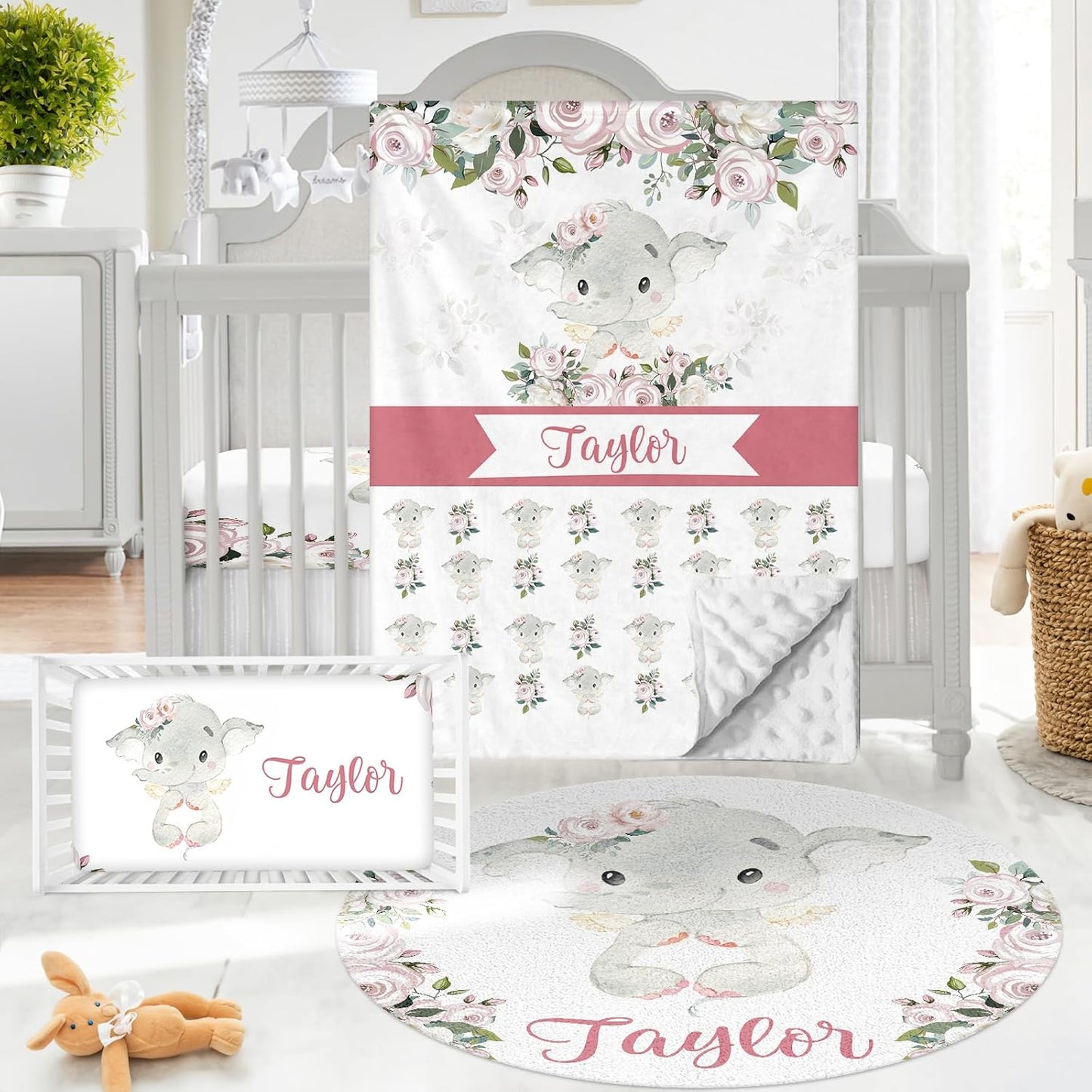 Personalized Baby Crib Bedding Set - Custom Name Lovely Elephant Design 3 Pcs Set - Soft Blanket with Double Layer Dotted Backing, Fitted Sheet, Room Rug for Newborns Boys Girls Shower Gift