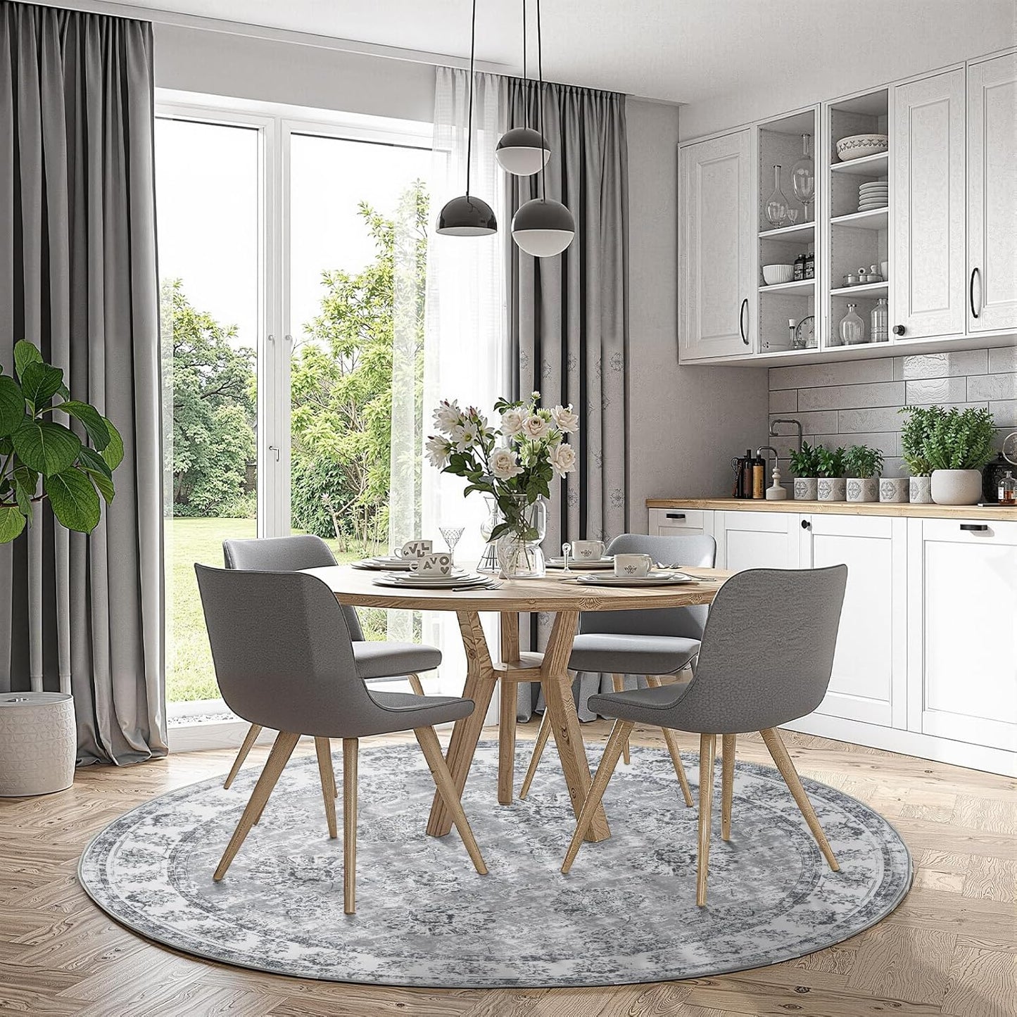 jinchan Round Rug 6ft Area Rug - Grey Vintage Floor Mat Kitchen Indoor Ultra-Thin Soft Floral Print - Washable Circle 6' Retro Accent for Farmhouse Non Slip Dining Room Living Room Bedroom Office