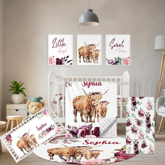 Custom Baby Crib Bedding Set, 5 Pcs Personalized Name Baby Crib Sets for Infant Toddler, Purple Highland Cow Nursery Bedding Set for Baby Girls, Double Layer Baby Bedding Sets Customized Gifts