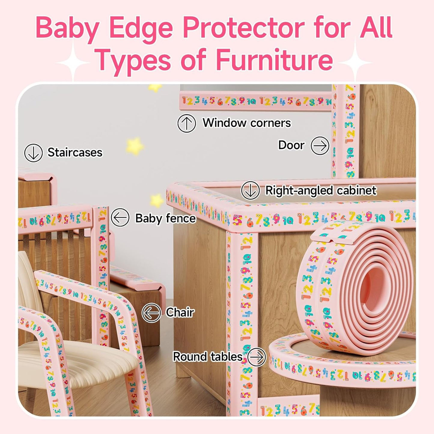 Edge Protector for Baby 6.5ft Soft Protective Foam Cushion Furniture Edge and Corner Guards Baby Child Proofing Cartoon Digital Pattern Odorless Safe for Table,Fireplace,Countertop