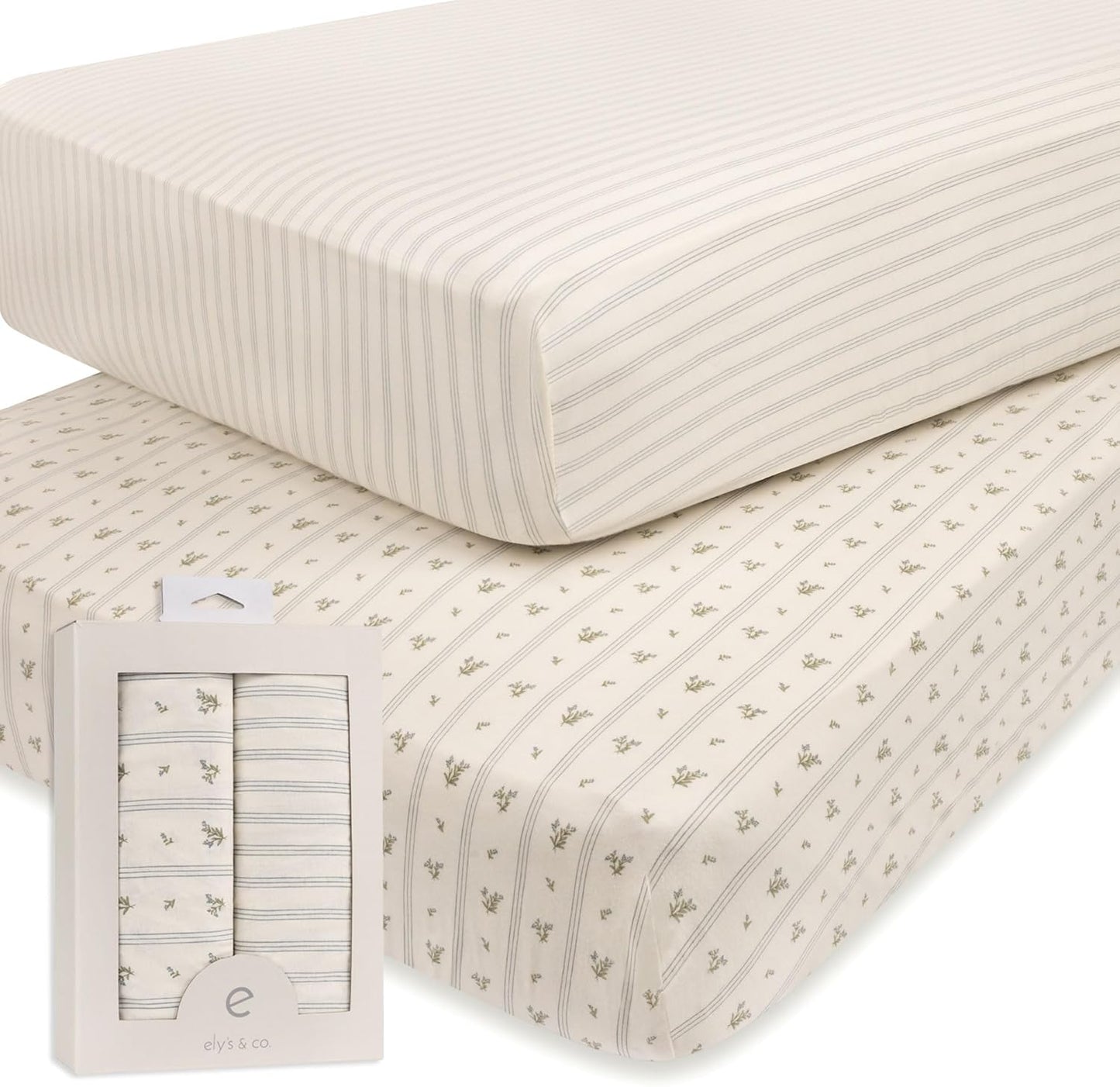 Ely's & Co. Crib Sheets, Baby Boy Fitted Crib Mattress Sheet Set, 2 Pack, 100% Jersey Knit Cotton, Infant and Toddler Nursery Bedding, 28” x 52” Blue Linear Berry Leaf Collection