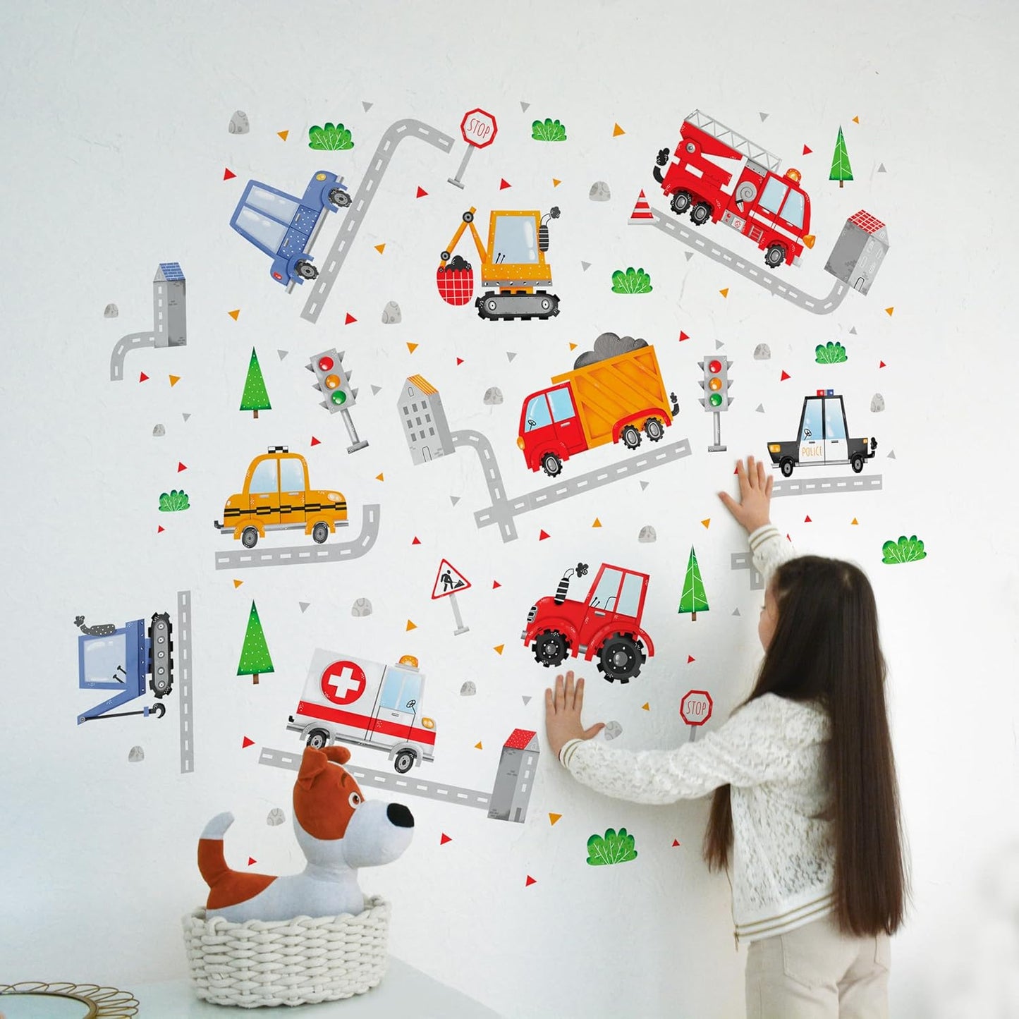 Car Wall Decals by Lipastick - Peel and Stick Transport Road Trucks Stickers for Boys Room, Toddler Bedroom, Baby Nursery, Kids Playroom, Living Room- Removable Decor - L Size