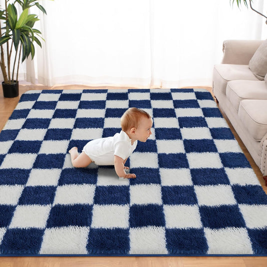 Super Soft Rug for Bedroom, 5x7 ft Blue and White Area Rug Classic Checkered Shaggy Anti-Skid High Pile Soft Fluffy Rug Fuzzy Carpet for Living Room Bedroom Kids Room Nursery, Dorm