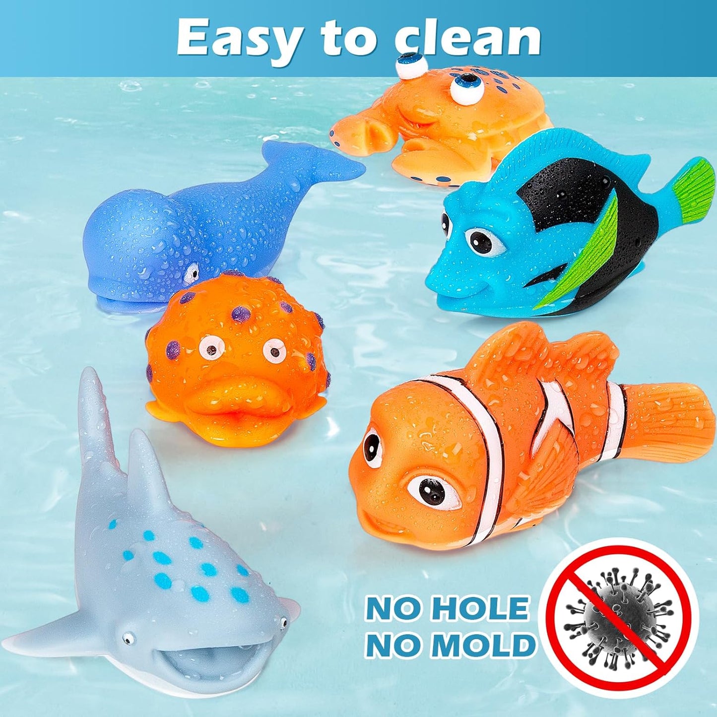 No Hole Mold Free Bath Toys for Toddlers 1-3, Water Toys for 6-12 Months Infants with Storage Bag, Baby Shark Toys for Pool, Bathtub, Beach, Shower, Tub, Kids Boys Girls Gifts