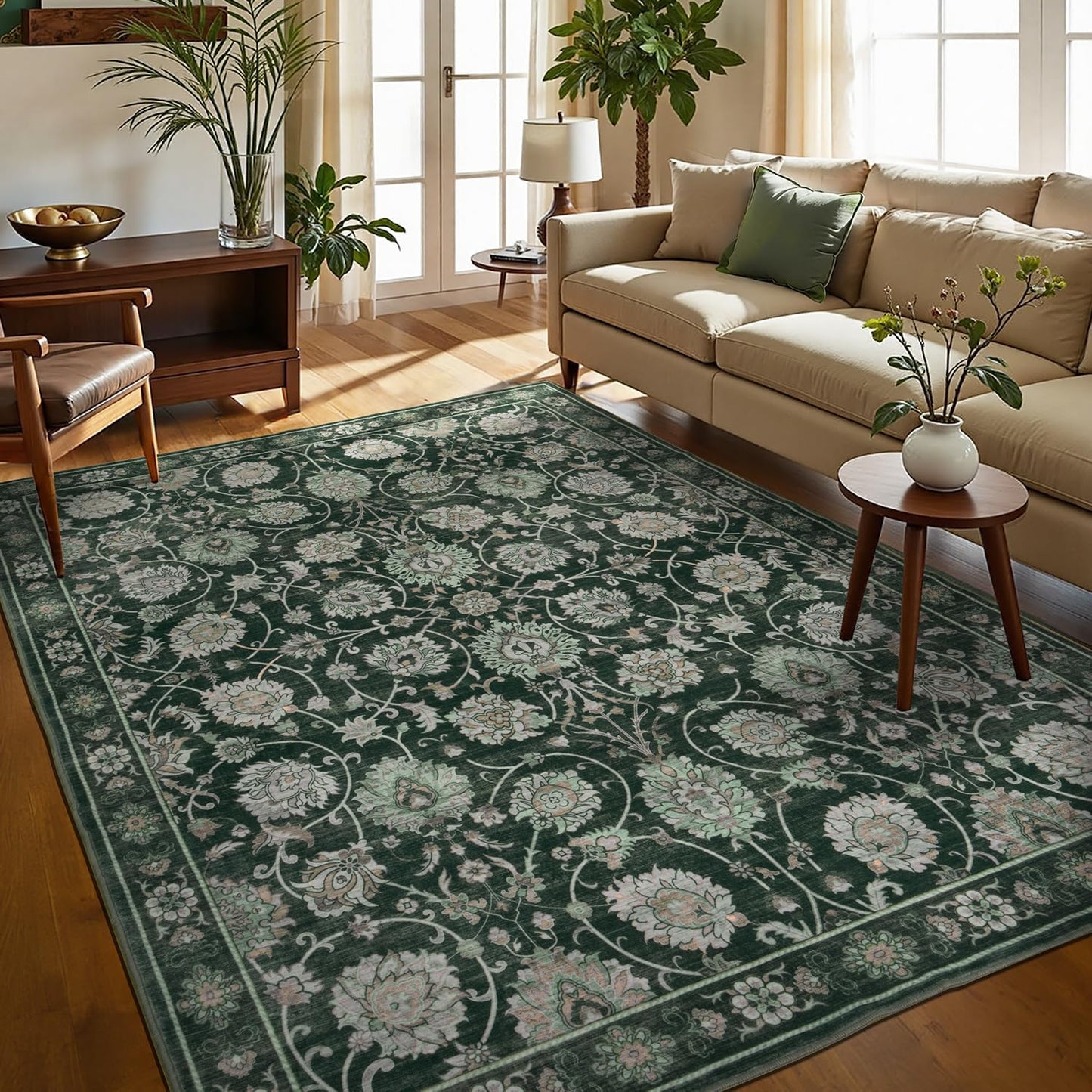 Floral Washable Area Rugs 5x7, Vintage Rug for Living Room, Large Bedroom Carpet, Non Slip Low Pile Ultra Soft Carpets for Indoor Dining Home Nursery Playroom Under Table, Dark Green