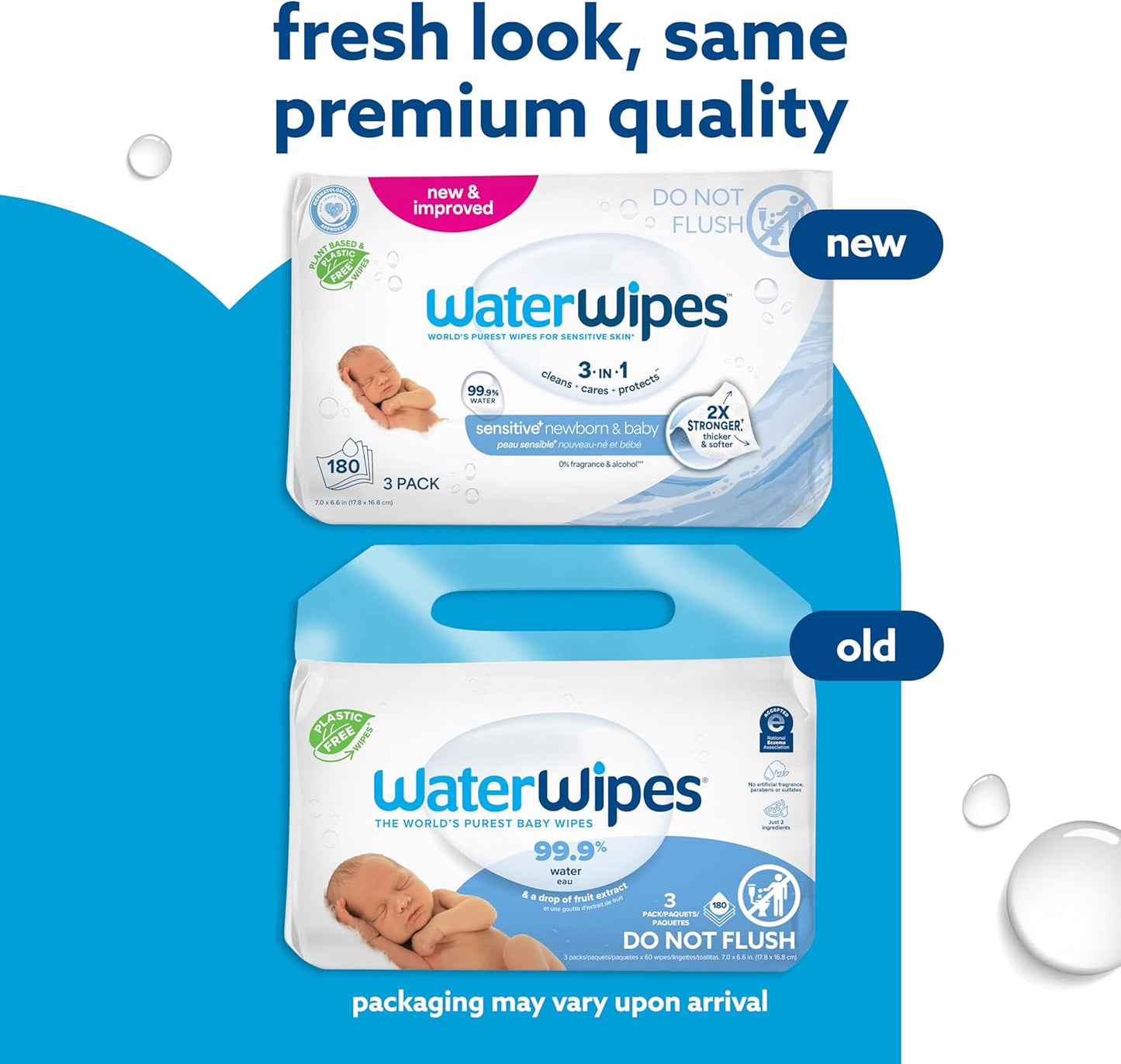 WaterWipes Sensitive+ Newborn & Baby Wipes, 3-In-1 Cleans, Cares, Protects, 99.9% Water, Unscented & Hypoallergenic, 180 Count (3 Packs)
