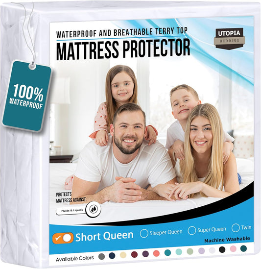 Utopia Bedding Waterproof Mattress Protector Short Queen Size, Premium Terry Mattress Cover 200 GSM, Breathable, Fitted Style with Stretchable Pockets (White)