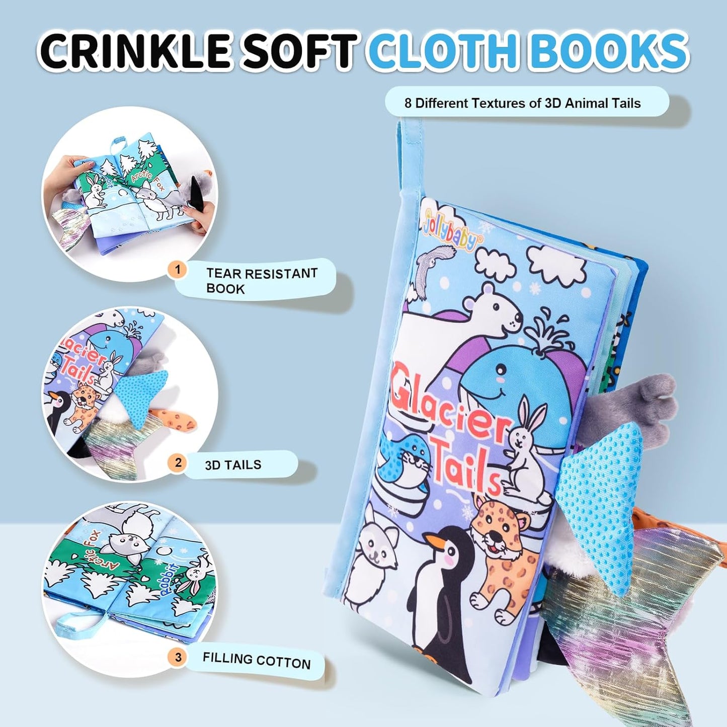 Jollybaby Baby Cloth Books, Touch & Feel Crinkle Soft Books, for Infants Babies, Toddler Early Educational Interactive Stroller Toys, Baby Girl & Boy Gift(Glacier Tails)