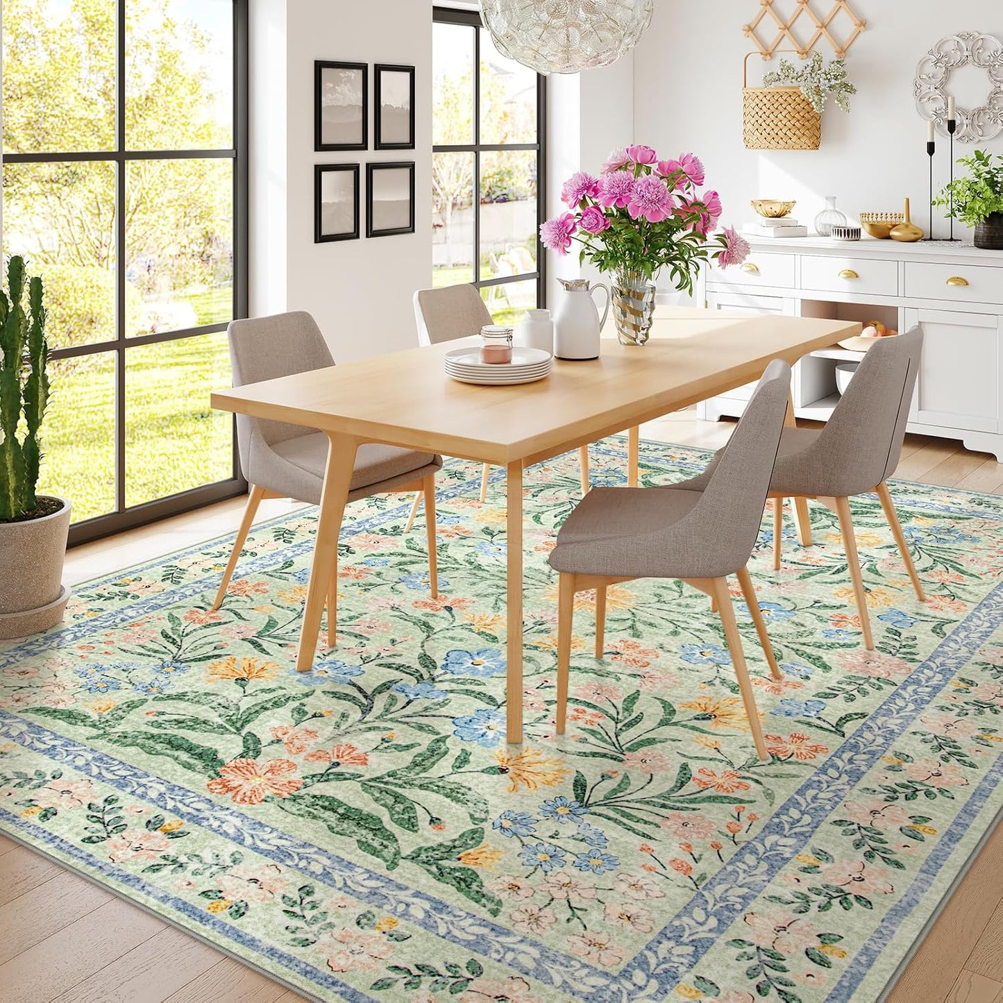 Wonnitar Machine Washable Area Rugs 9x12, Soft Sage Green Floral Rug for Living Room Bedroom, Ultra-Thin Large Foldable Boho Carpets for Playroom Classroom Dining Room