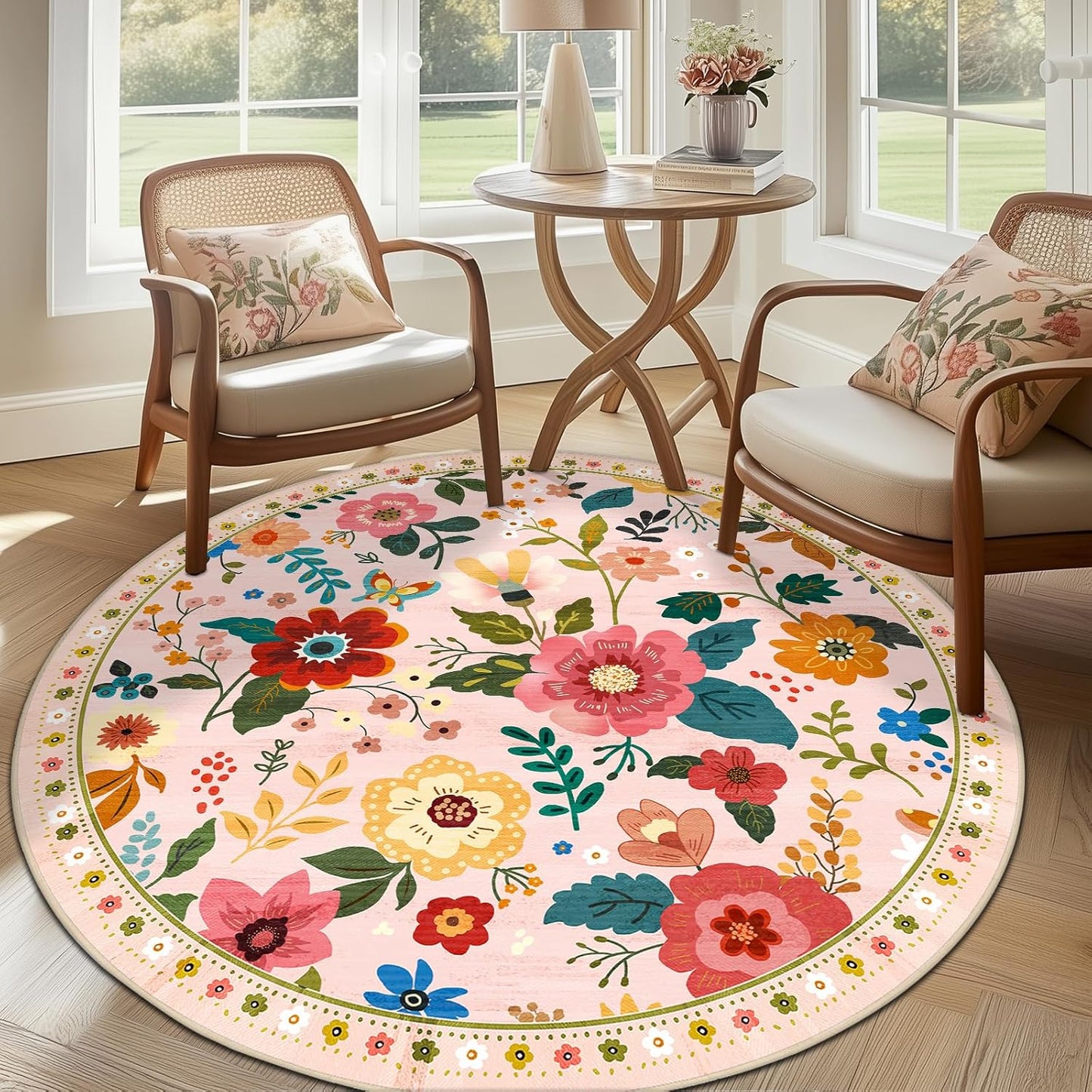 Floral 6ft Area Rug Machine Washable Soft Print Boho Carpet Non Slip Doormat Low Pile Flower Area Rugs for Living Room Bedroom Nursery Kitchen Dining Room Indoor-Pink