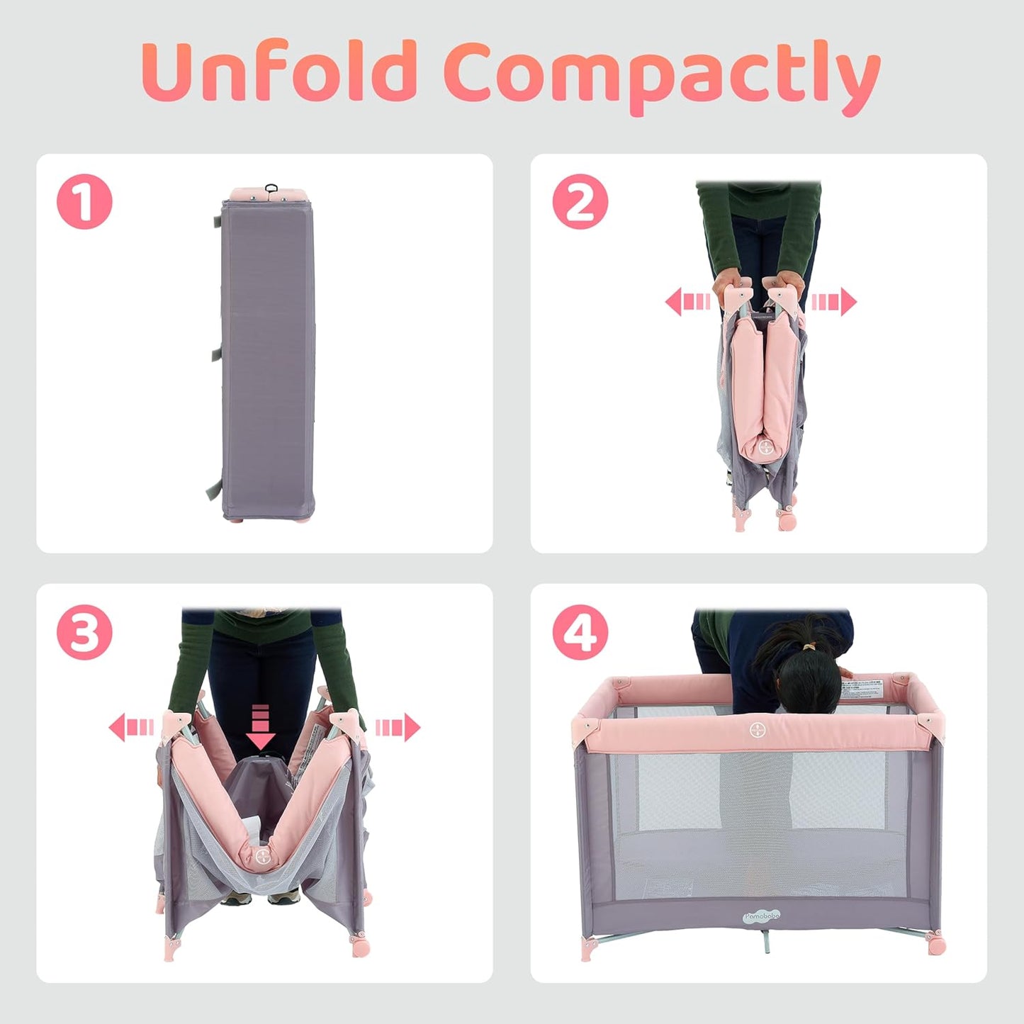 Pamo Babe Portable Playard with Mat Pad and Toy Bar Pink Play Yard for Baby