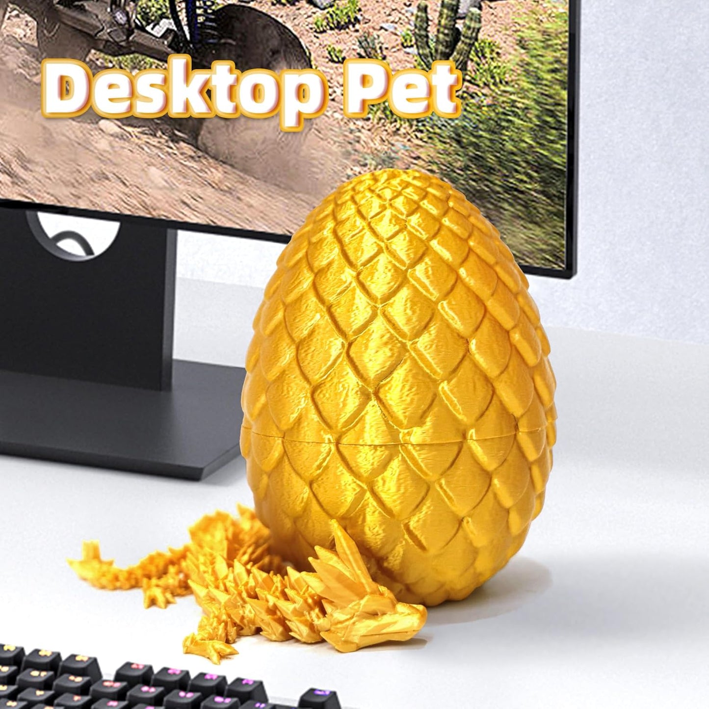 Dragon Egg - Gold - 3D Printed Egg with Flexible Pearly Sheen Dragon Inside, 3D Printed Surprise Gift, Articulated Dragon Egg Fidget Toy, Dragon Figurine Decor