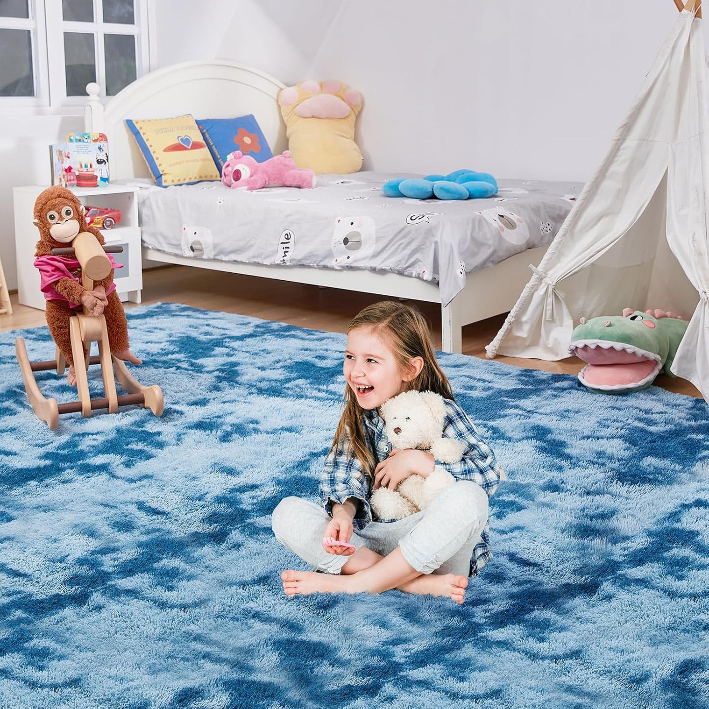 Ultra Soft Rug for Living Room, 8X10 Fluffy Shag Area Rug for Bedroom, Modern Shaggy Carpets Fuzzy Rug for Teens Dorm Nursery Home Decor Aesthetic, Upgrade Anti-Skid Durable, Tie-Dyed Blue Grey