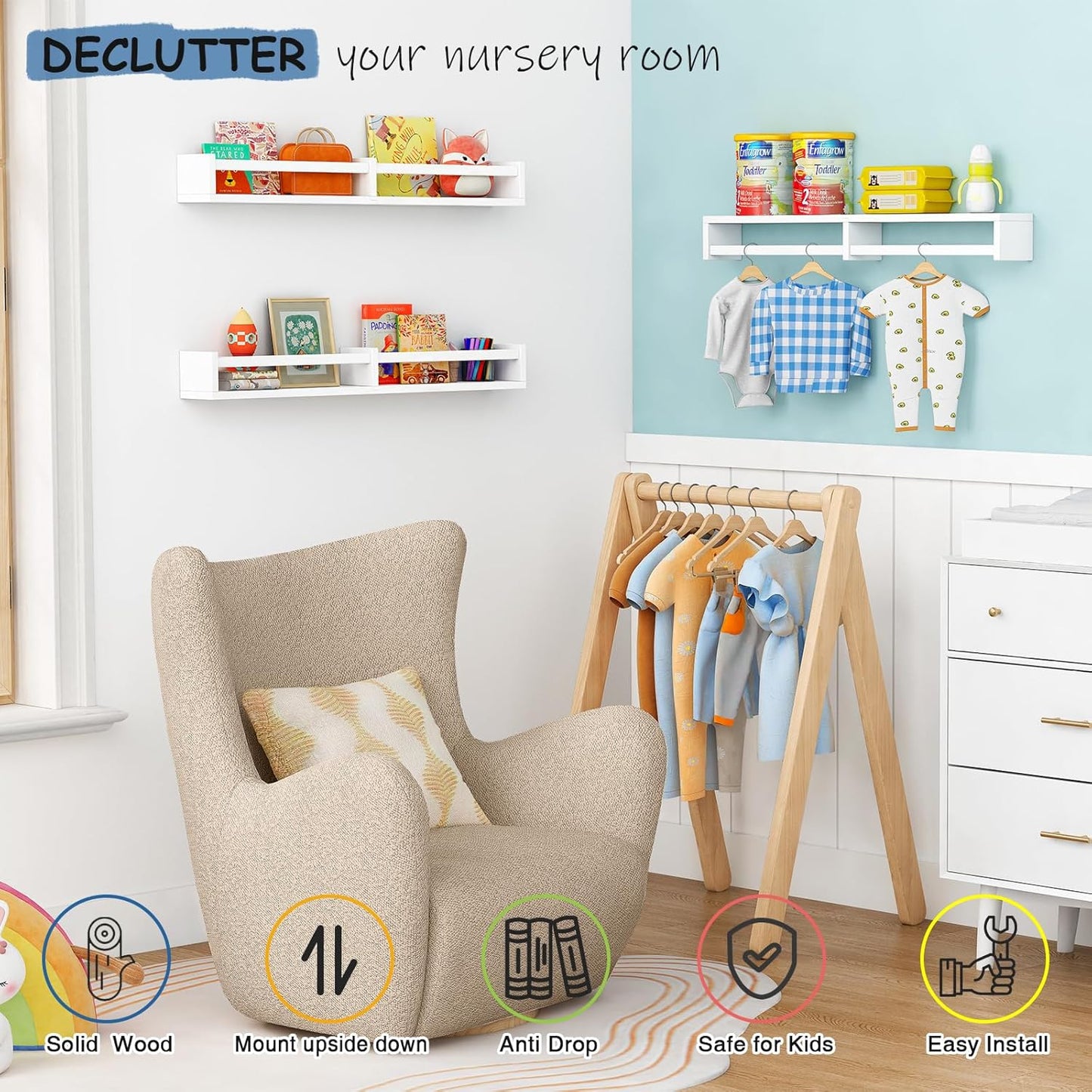 Large Nursery Book Shelves Wall Mounted for Kids Room, White Floating Nursery Bookshelf for Baby Girls Boys Bedroom, Toddler Kid Book Shelf for Classroom Library (32 Inch Long Set of 3)