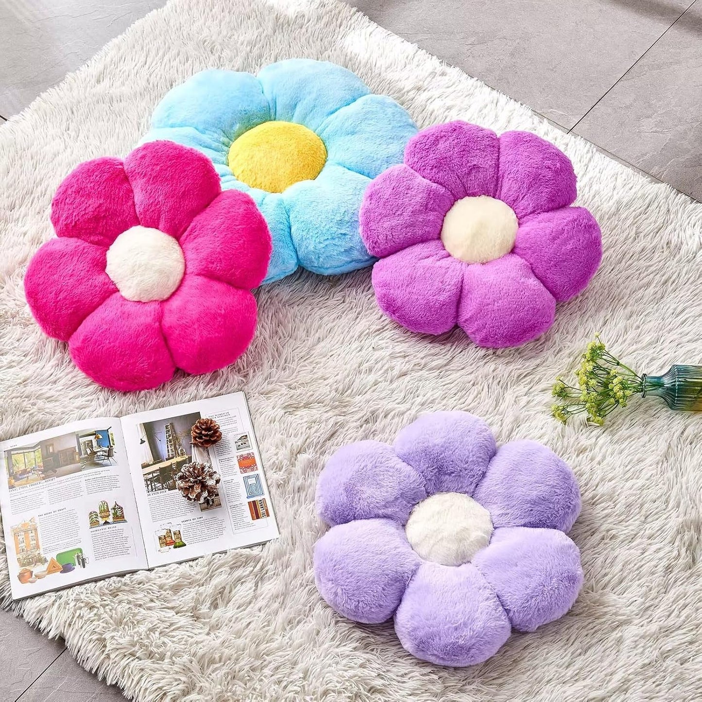 Lavender Flower Pillow, 17.7" Flower Shaped Plush Decorative Throw Pillow for Bed