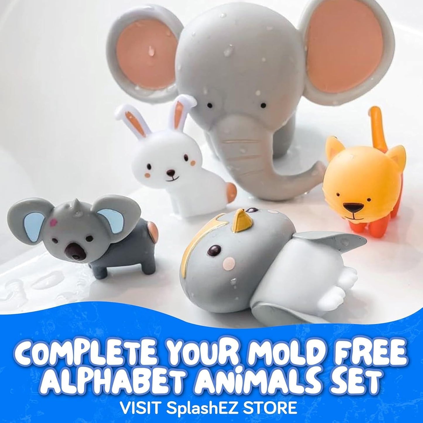 SplashEZ Animals Bath Toys for Toddlers, Mold Free Bath Toys for Kids, No Hole for Water Soft Durable Elephant Play Set for Bathtub, Pool, Shower Boys & Girls, No Mold, Ages 0-1-3-4-5-6-8
