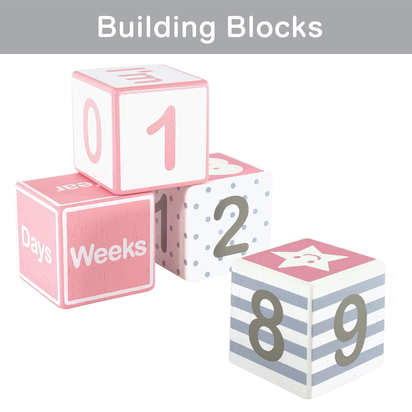 I'm Solid Wood Monthly Weekly Yearly Milestone Age Blocks, Newborn Gifts & Keepsakes for Picture Props (4 Pcs/Pink)