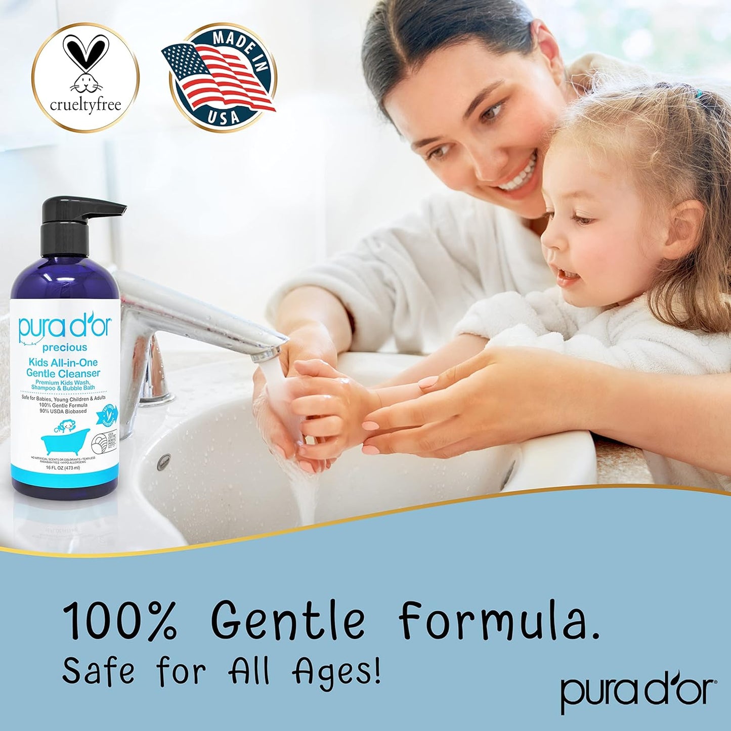 PURA D'OR Kids Wash (16oz x 3 = 48oz) All-in-One Gentle Cleanser - USDA Biobased, Sulfate-Free, Tear-Less, Hypoallergenic, Premium, Shampoo & Bubble Bath