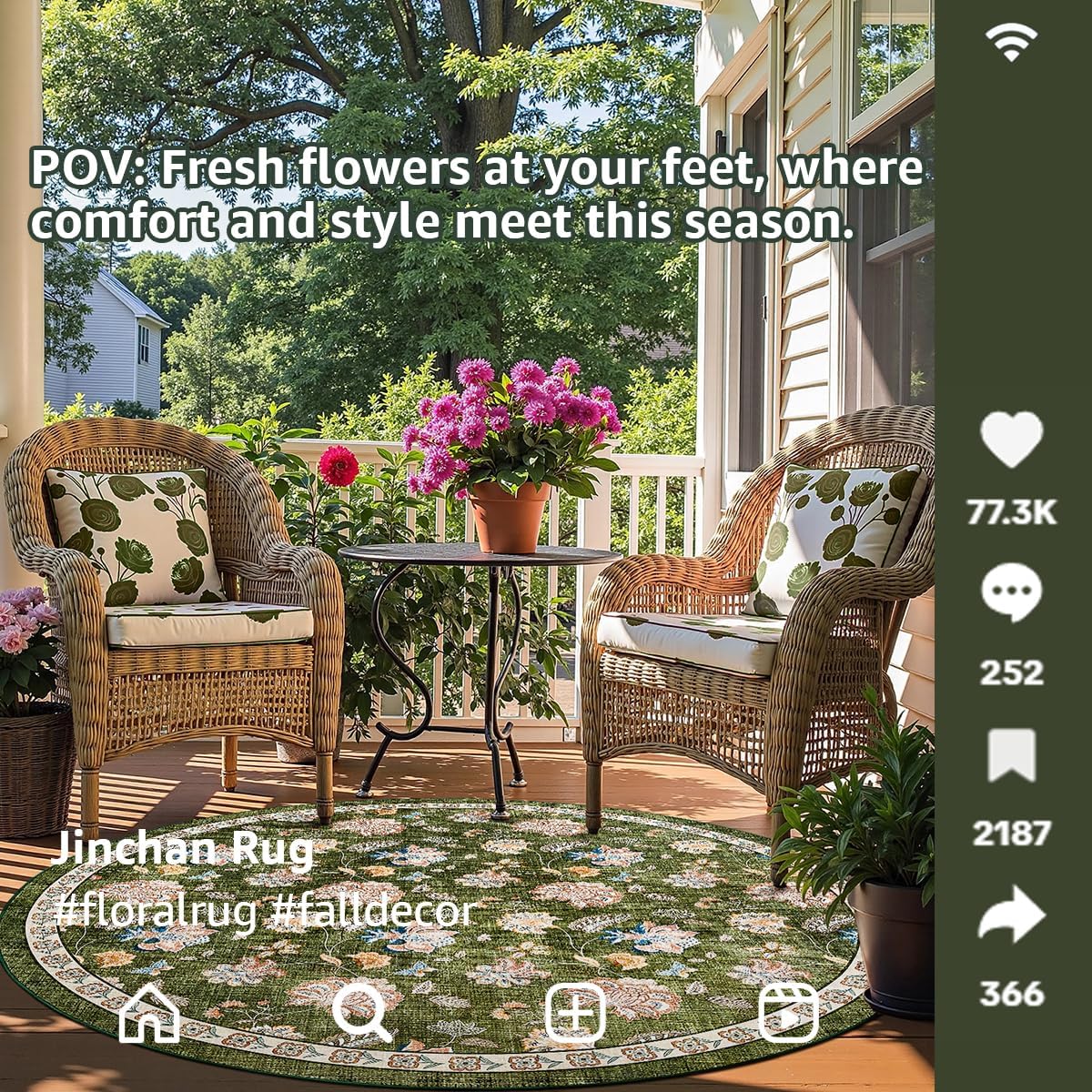 jinchan 5ft Floral Round Rug for Entryway Washable Kitchen Rug Vintage Romance Design Non Slip Indoor Doormat Lightweight Low-Profile Throw Carpet for Living Room Dining Room Bedroom, Green