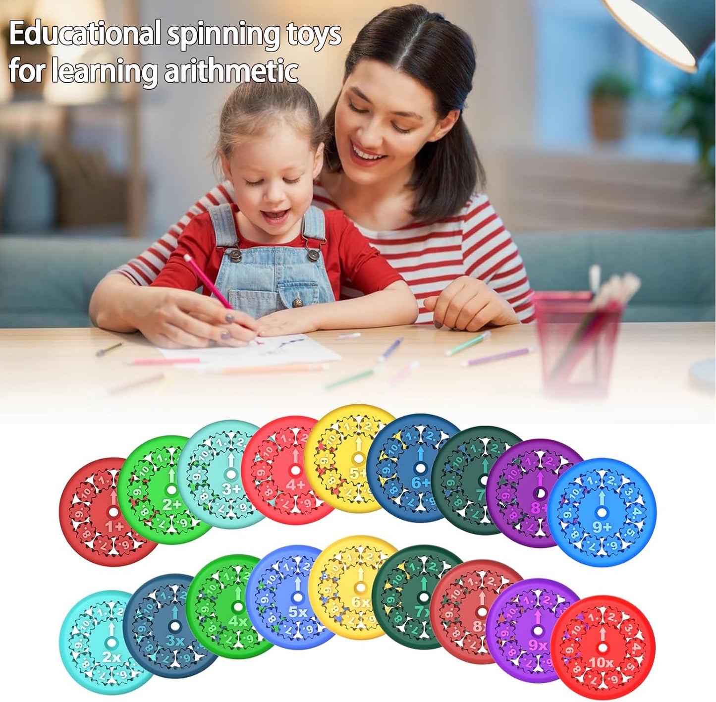 Math Fidget Spinners - 3D Printed, Educational Math Fact Fidget Spinner Toy - Learn Addition, Subtraction, Multiplication & Division - Perfect for Kids, Stimmers & Fidgeters (18pcs)