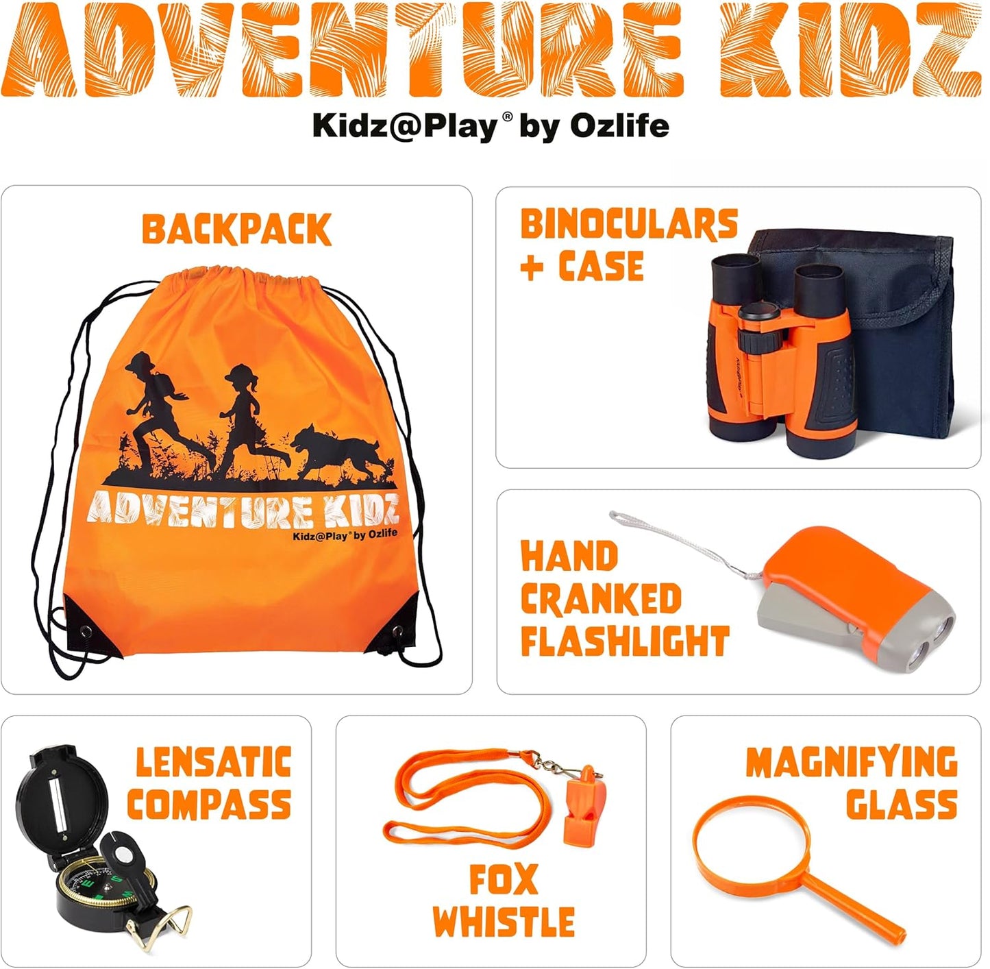 Adventure Kidz Outdoor Exploration Kit, Children’s Binoculars, Flashlight, Compass, Fox Whistle, Magnifying Glass, Backpack. Great Gift Set for STEM, Pretend Play, Ages 3+ Boys Girls