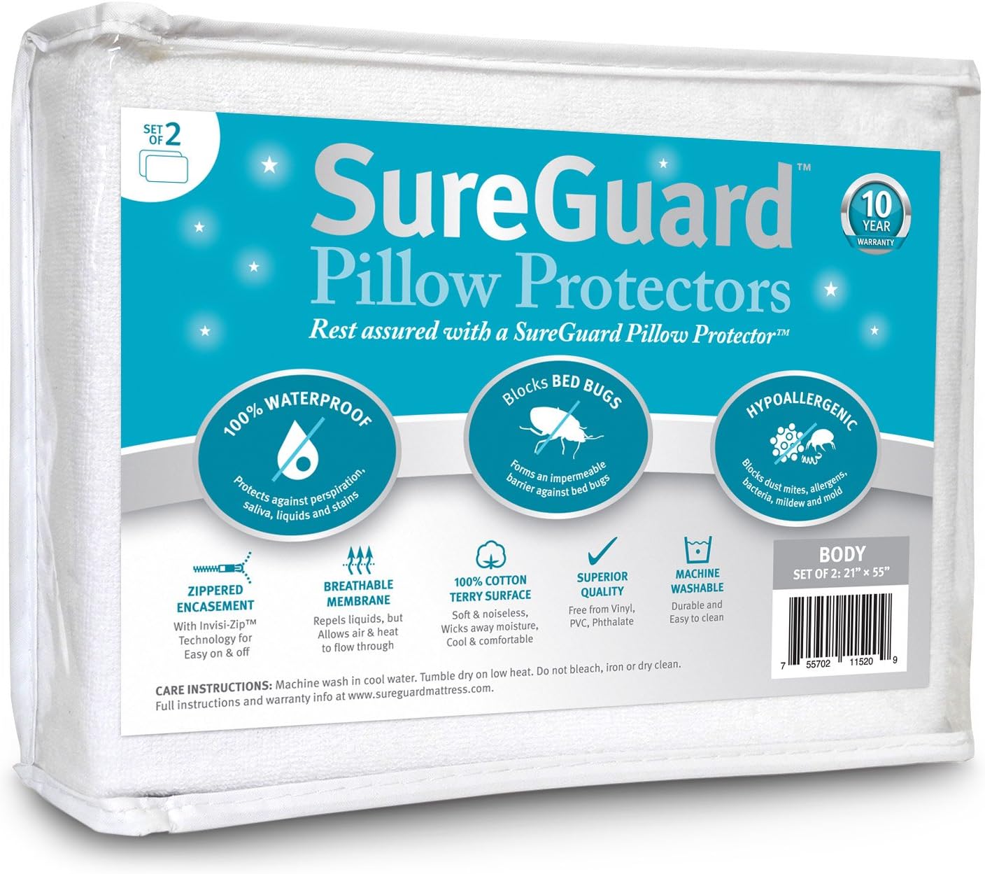 Set of 2 Body Size SureGuard Pillow Protectors - 100% Waterproof, Bed Bug Proof, Hypoallergenic - Premium Zippered Cotton Terry Covers