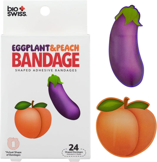 BioSwiss Bandages, Eggplant and Peach Shaped Adult Self Adhesive Bandage, Latex Free Sterile Wound Care, Funny First Aid Kit Supplies for Adults, 24 Count