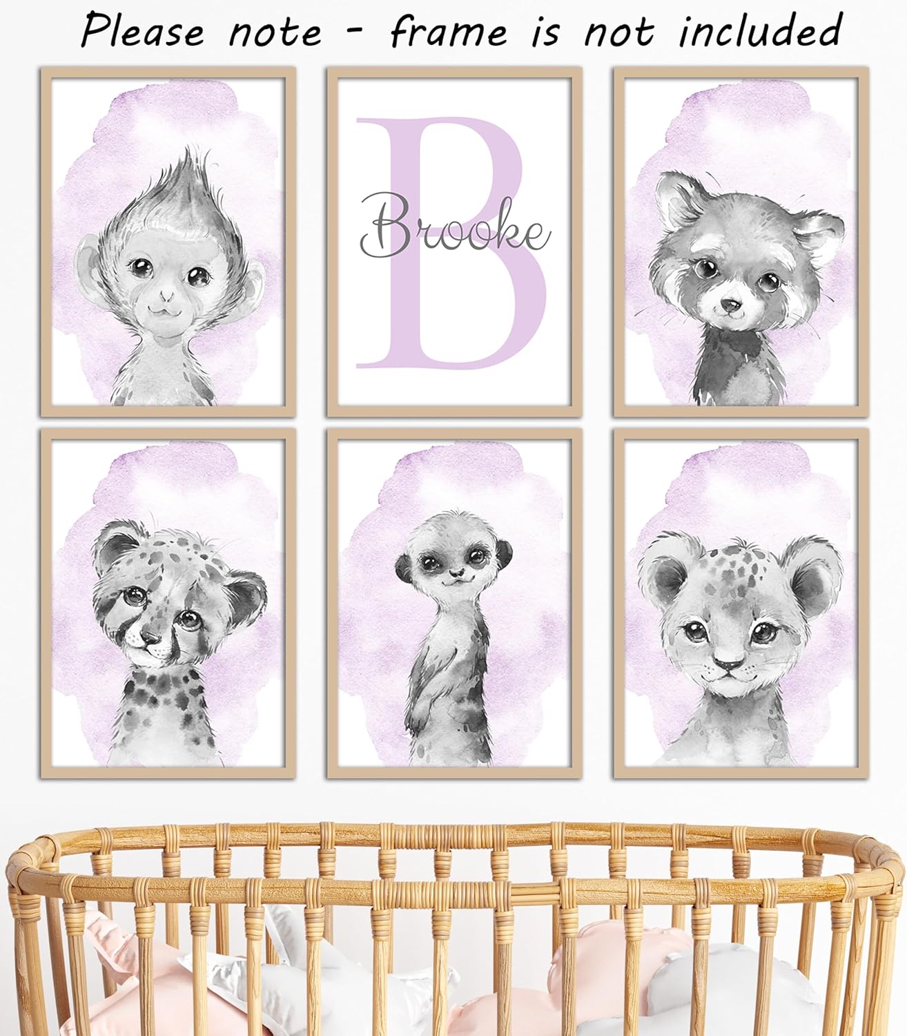 Safari Animals Set of 6 Unframed Poster Prints for Baby Girls Nursery Bedroom Playroom, Personalized Name, Choice of 12 Animals, Pink Purple (8x10)
