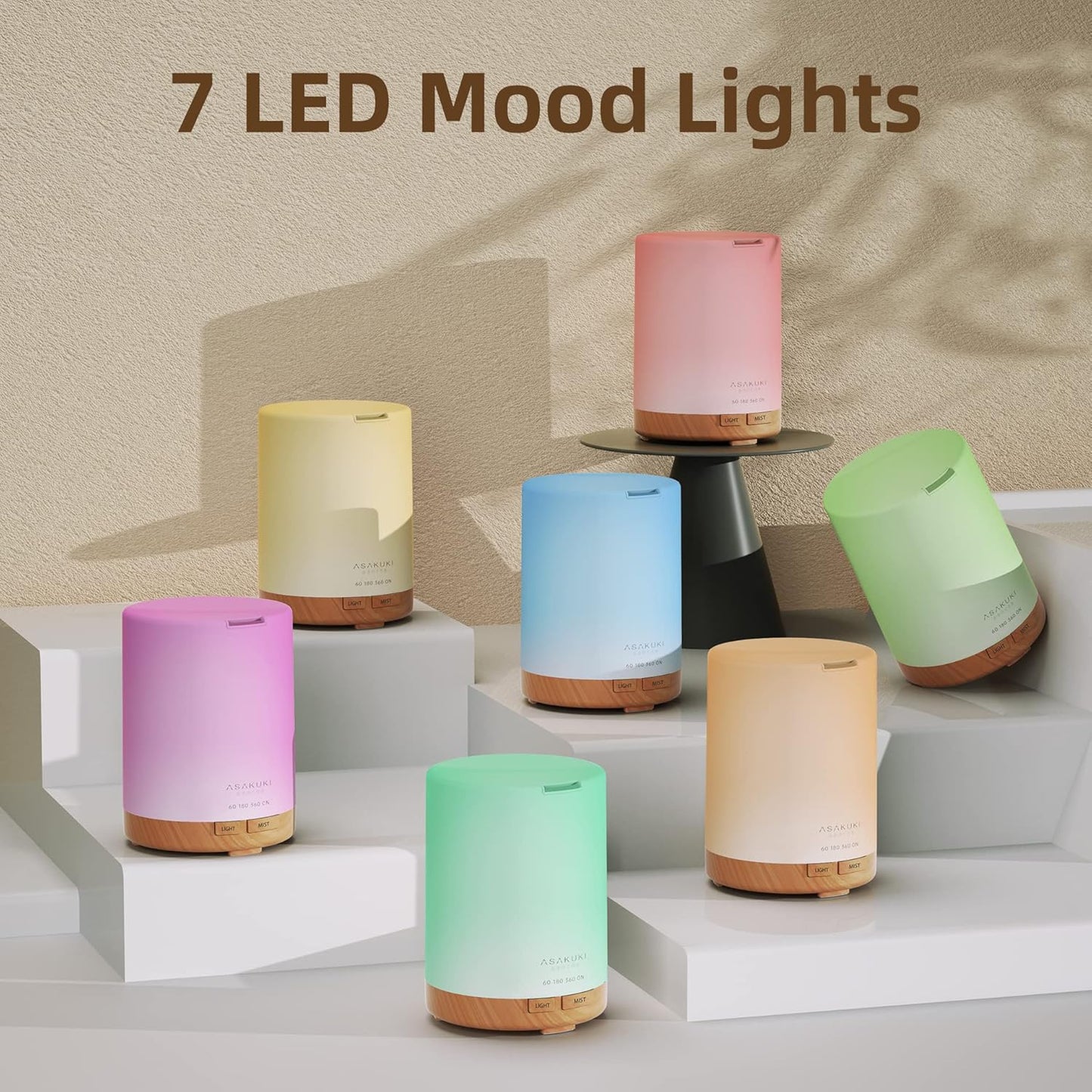 ASAKUKI Essential Oil Diffuser, Aromatherapy Cool Mist Home Humidifier with 7 LED Color Changing Light and Auto-Off Safety Switch, 8 Essential Oils Set, 300ml (Brown with Oils)