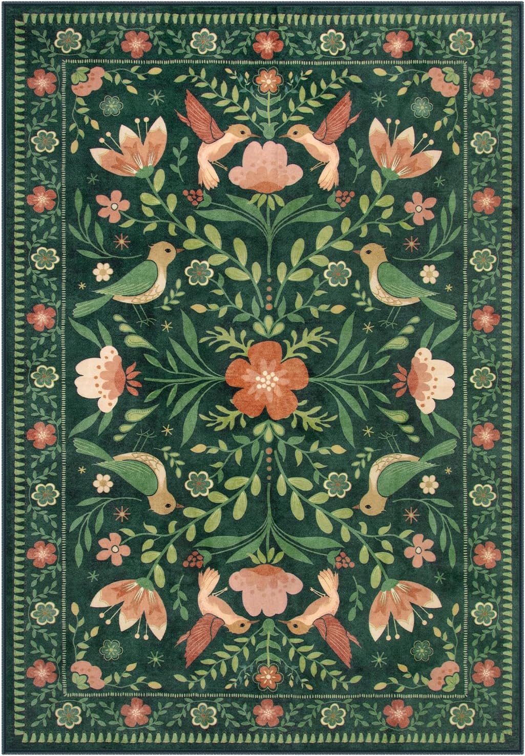 Moynesa Boho Bird 6x9 Area Rugs, Washable Ultra-Thin Dark Green Rugs for Living Room, Soft, Low Pile, Indoor Boho Large Throw Carpet for Bedroom Dining Room Under Table Office Playroom