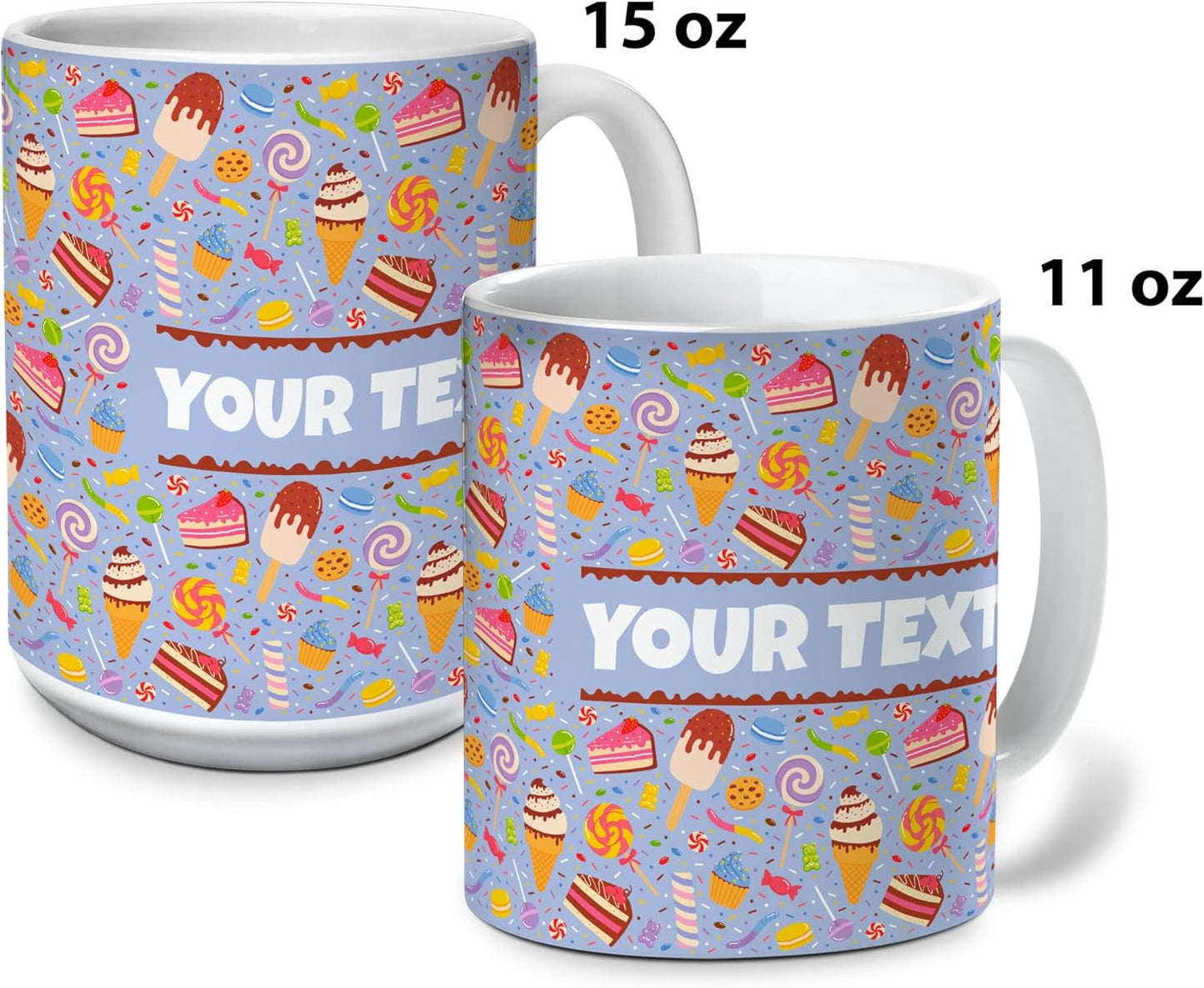 Personalized Mug for Kids - Sweets - Custom Name/Text, Ceramic Hot Chocolate/Cocoa/Coffee Cup for Boys/Girls, Birthday/Christmas/Holiday Gift - 15 oz, Light Blue Handle