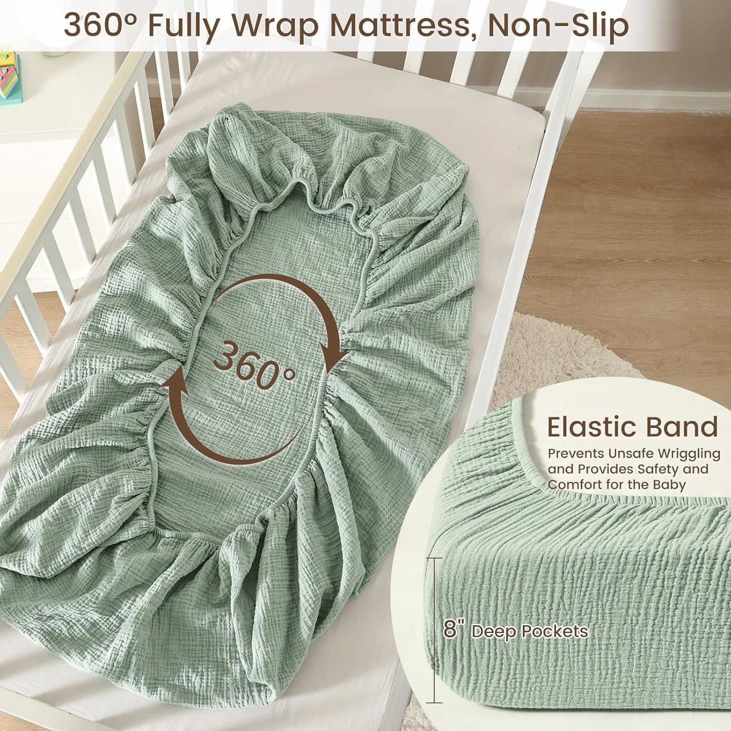 david's kids Muslin Crib Sheets for Boys Girls, 2 Pack 100% Cotton Soft Breathable Fitted Baby Sheet Set, 28x52 Inch Fits Standard Crib and Toddler Mattresses, Oat Milk & Sage Green