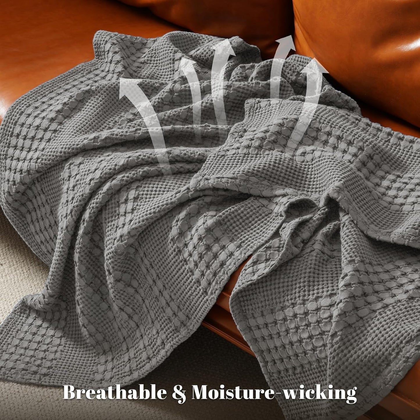 PHF 100% Cotton Waffle Weave Blanket Queen Size, Soft Lightweight Breathable Cozy Summer Blankets for Bed, Luxury Aesthetic Woven Bedding for Home Decor, 90"x90", Dark Grey