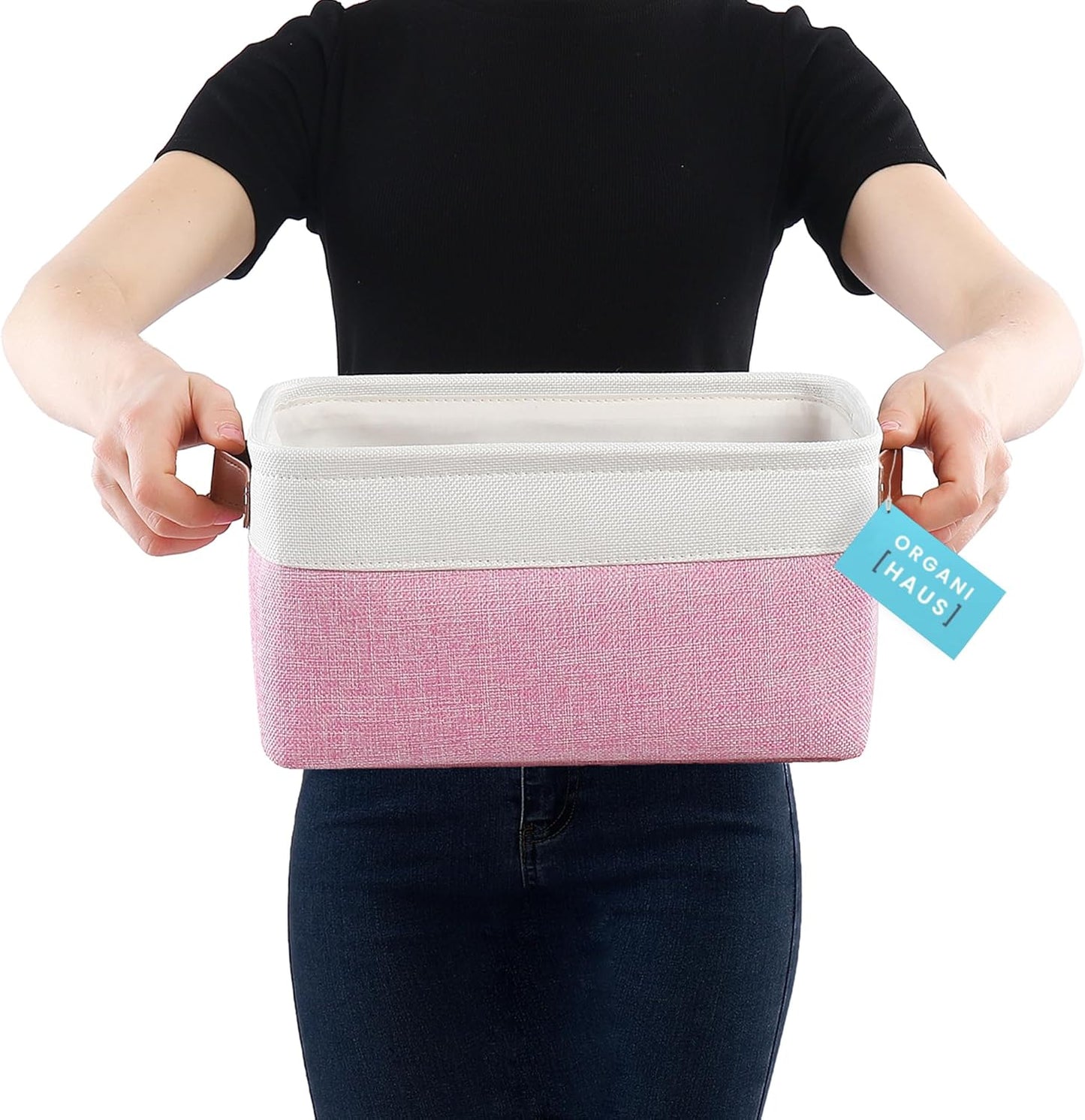 OrganiHaus Small Fabric Storage Baskets for Shelves 6 Pack, 12x8in Closet Storage Bins for Shelves, Cloth Baskets for Organizing, Linen Closet Organizers, Fabric Basket, Pink/White