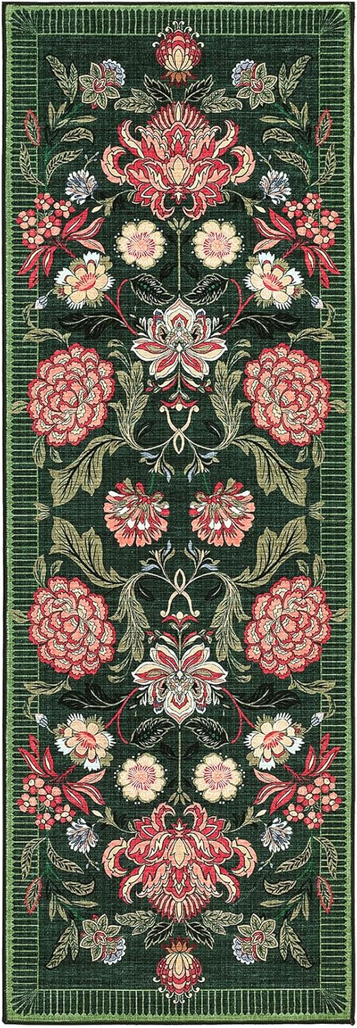 GarveeHome Forest Green Floral Botanical 2x6 Washable Kitchen Runner Rugs Non Slip Vintage Boho Cottage Long Rug for Hallways Bedroom Entryway Bathroom Mat with Rubber Back