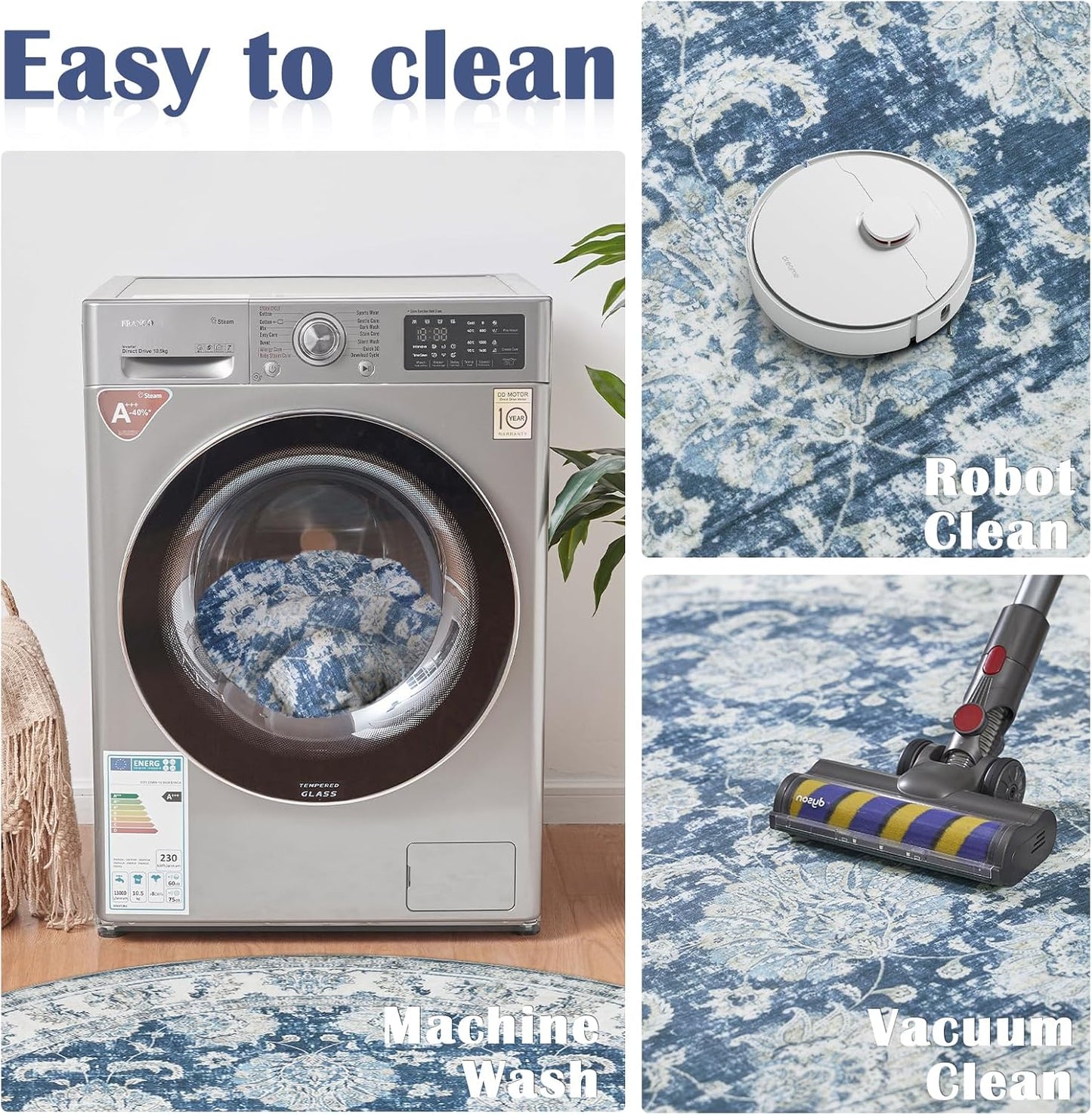 jinchan Round Rug 7ft Area Rug - Dark Blue Vintage Floor Mat Kitchen Indoor Ultra-Thin Soft Floral Print - Washable Circle 7' Retro Accent for Farmhouse Non Slip Dining Room Living Room Bedroom Office