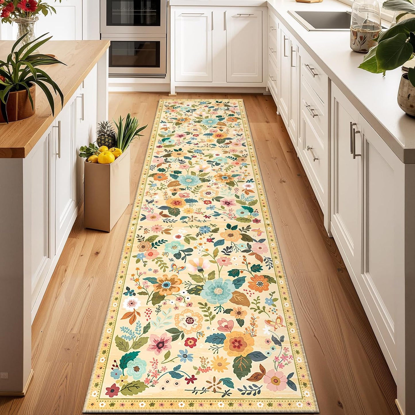 Floral 2x8 Area Rug Machine Washable Soft Print Boho Carpet Non Slip Doormat Low Pile Flower Area Rugs for Living Room Bedroom Nursery Kitchen Dining Room Indoor-Ivory/Yellow