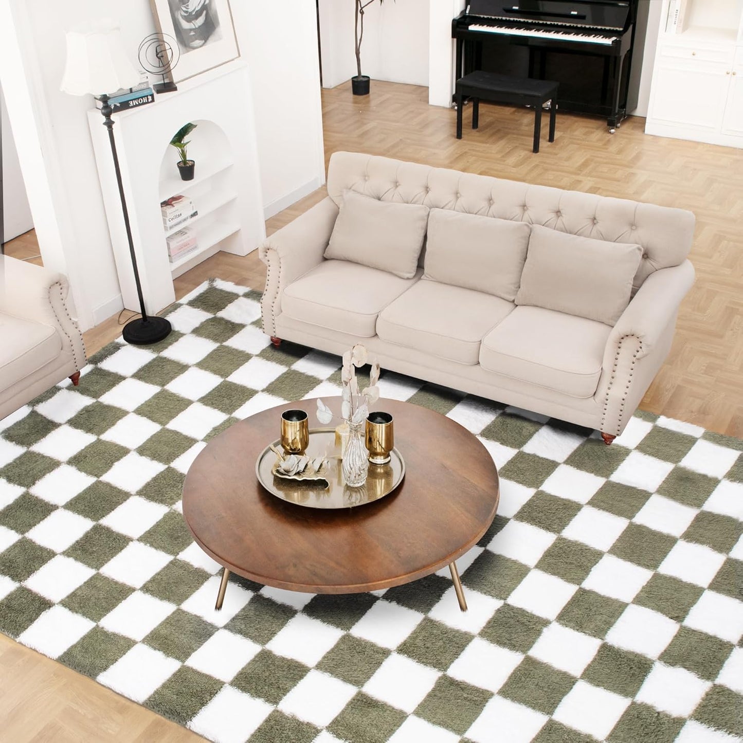 Super Soft Rug for Bedroom, 5x7 Ft Green and White Area Rug Classic Checkered Shaggy Anti-Skid High Pile Soft Fluffy Rug Fuzzy Carpet for Living Room Bedroom Kids Room Nursery, Dorm Home Decor